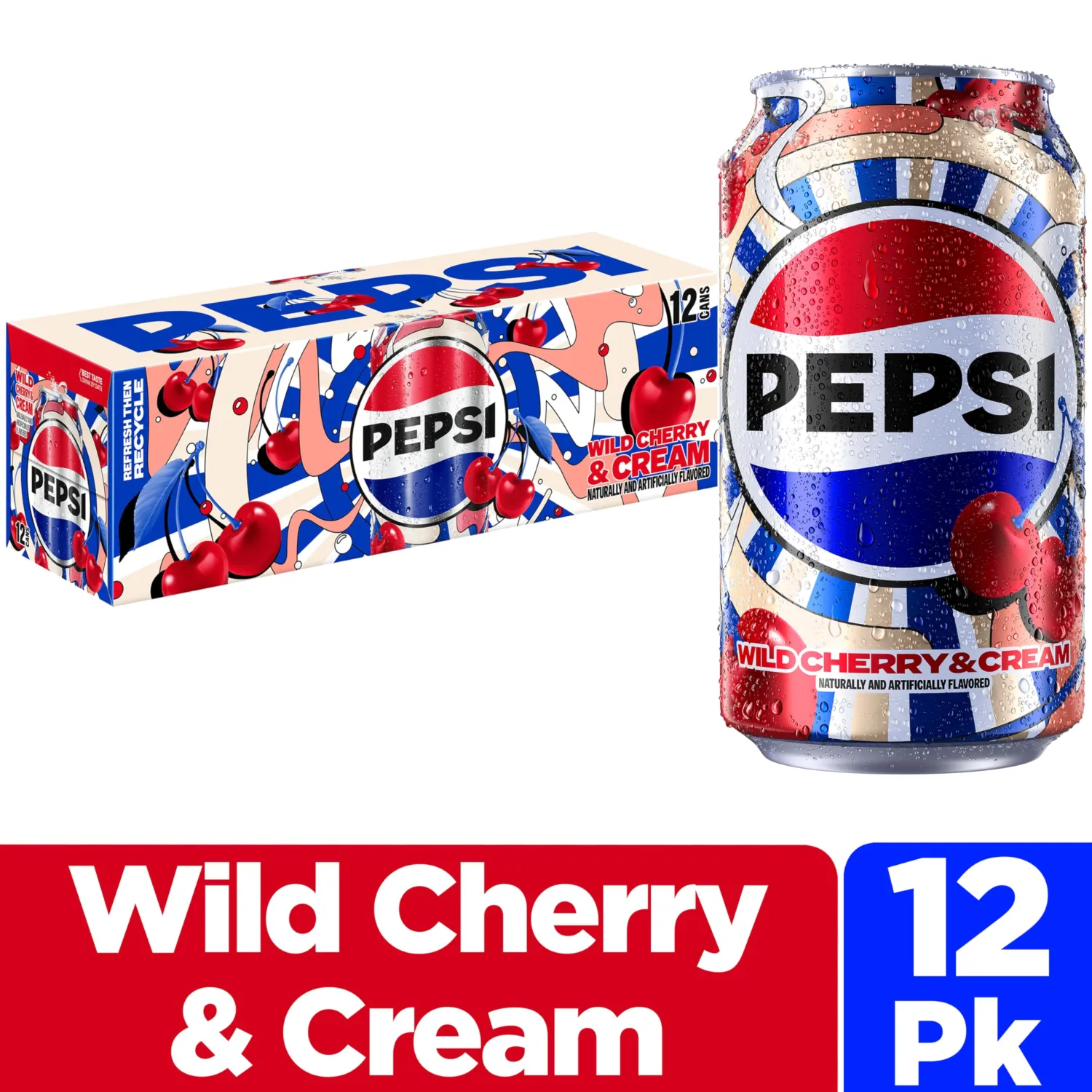 Pepsi Cola Soda Pop, Wild Cherry & Cream, 12 fl oz Cans (12 Pack)