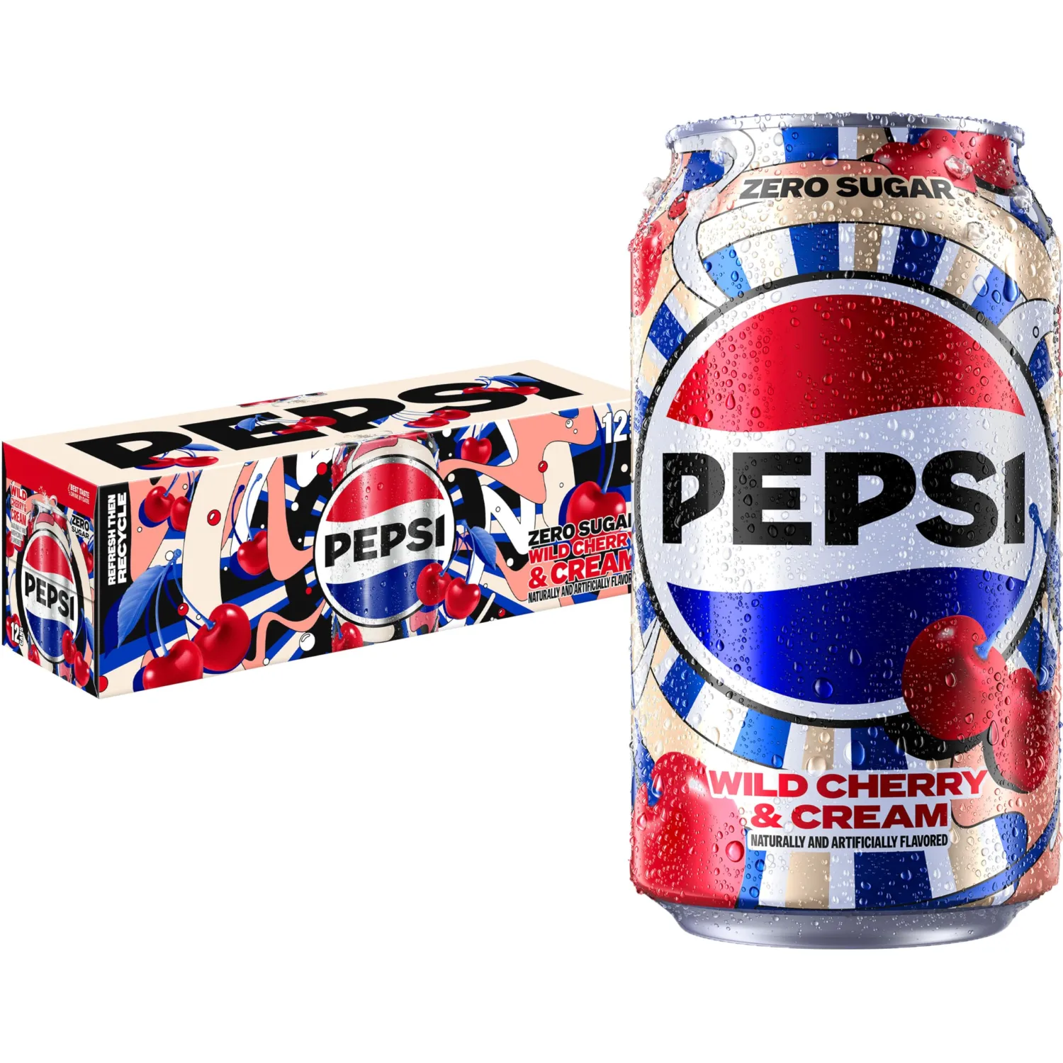 Pepsi Zero Sugar Cola Soda Pop, Wild Cherry & Cream, 12 fl oz Cans (12 Pack), Zero Calories, Zero Sugar
