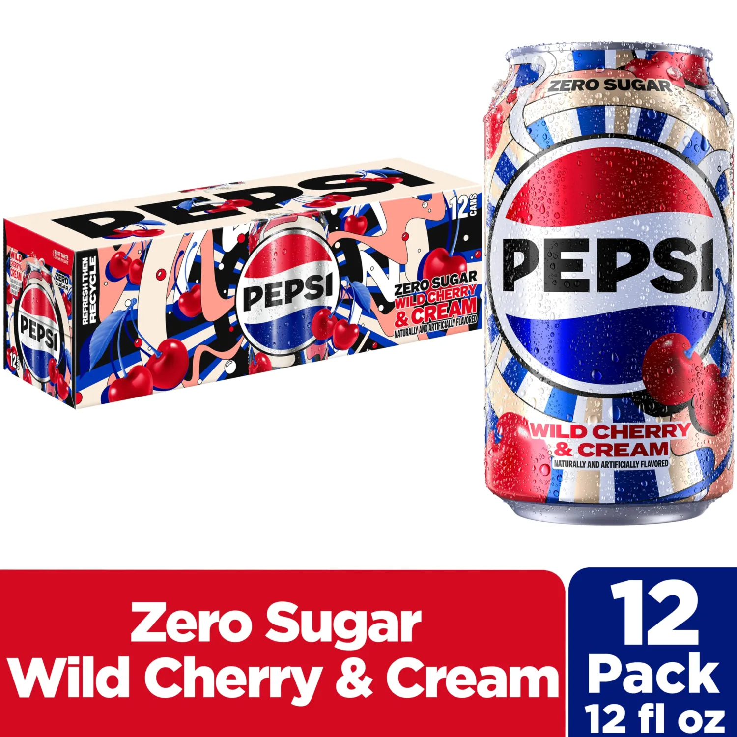 Pepsi Zero Sugar Cola Soda Pop, Wild Cherry & Cream, 12 fl oz Cans (12 Pack), Zero Calories, Zero Sugar