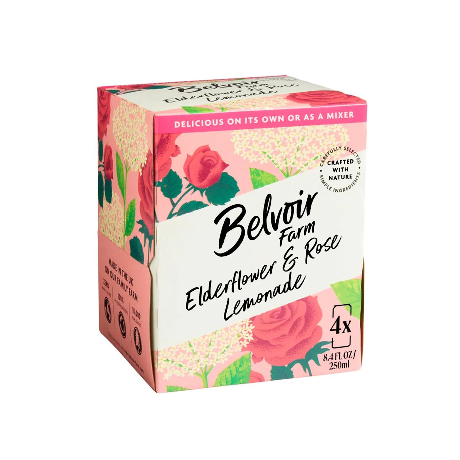 Belvoir Farm Elderflower & Rose Sparkling Lemonade | Delicious On It's Own Or As A Mixer | Product of UK | 4 Cans, 8.4 fl oz (250mL)
