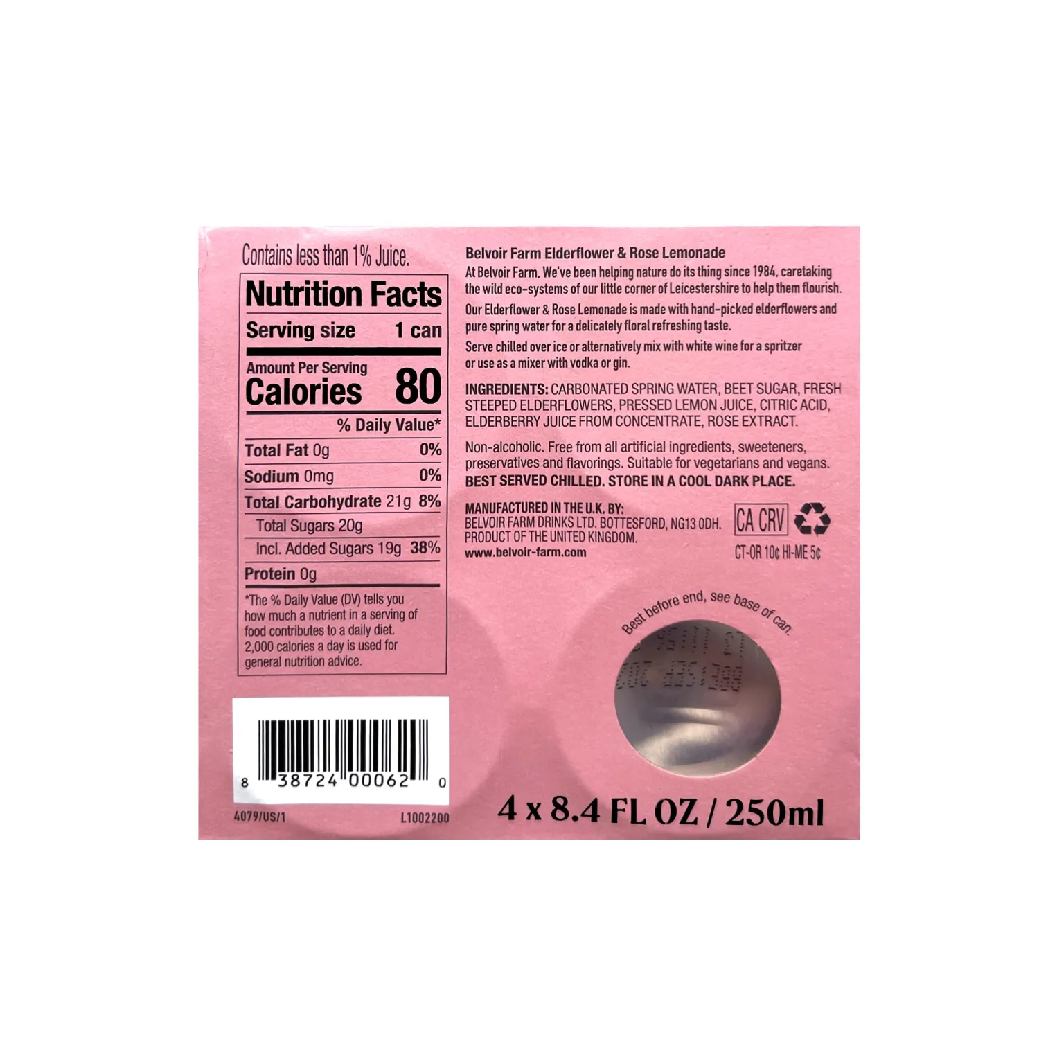 Belvoir Farm Elderflower & Rose Sparkling Lemonade | Delicious On It's Own Or As A Mixer | Product of UK | 4 Cans, 8.4 fl oz (250mL)
