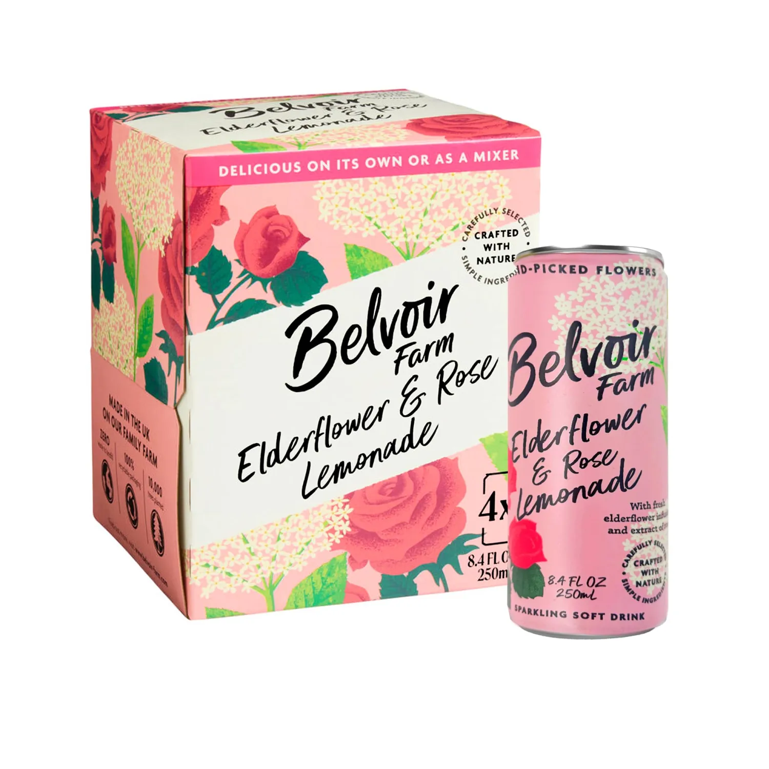 Belvoir Farm Elderflower & Rose Sparkling Lemonade | Delicious On It's Own Or As A Mixer | Product of UK | 4 Cans, 8.4 fl oz (250mL)