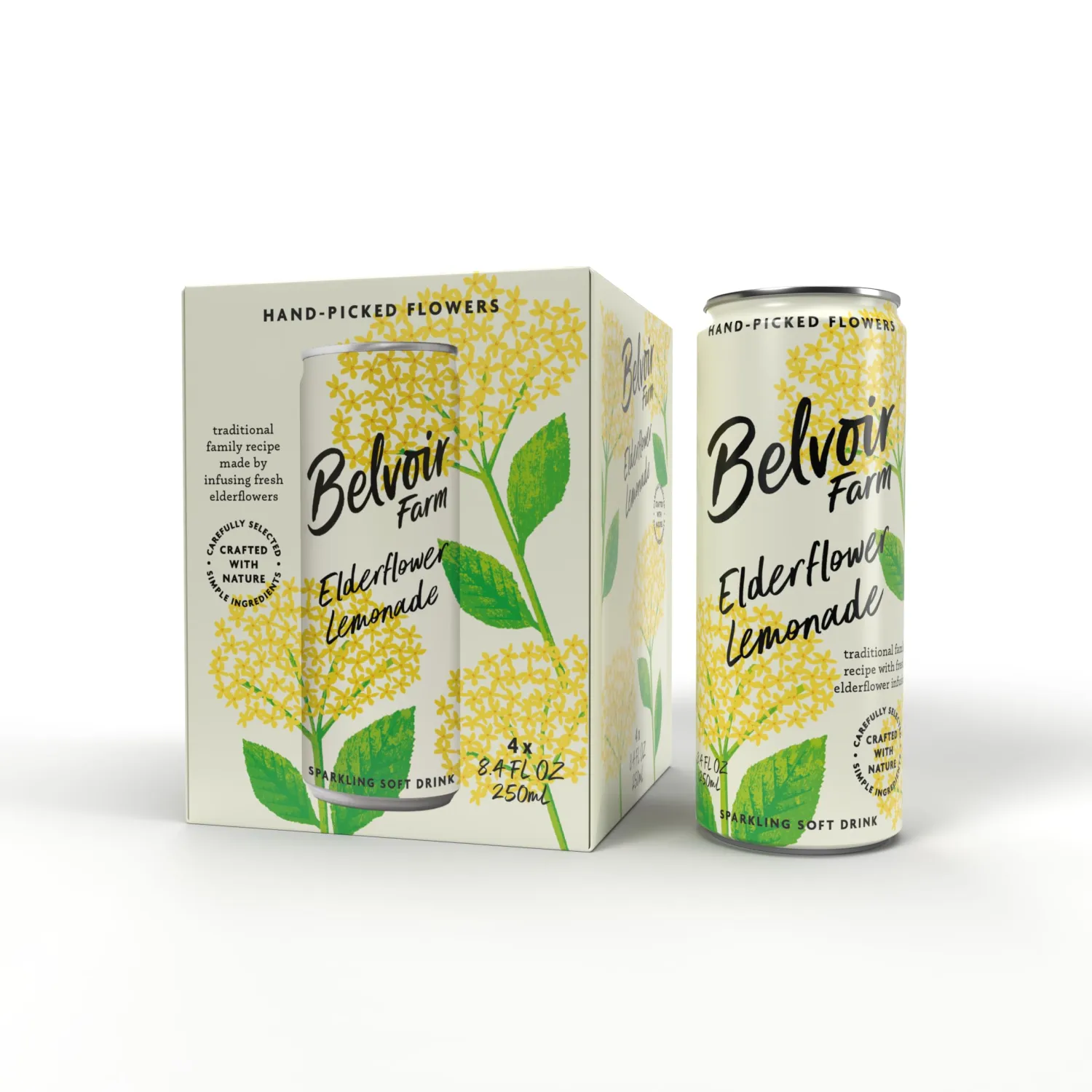 Belvoir Farms Sparkling Elderflower Flavored Lemonade | Delicious On It's Own Or As A Mixer | Product of The UK | 4 Cans, 8.4 fl oz (250mL)