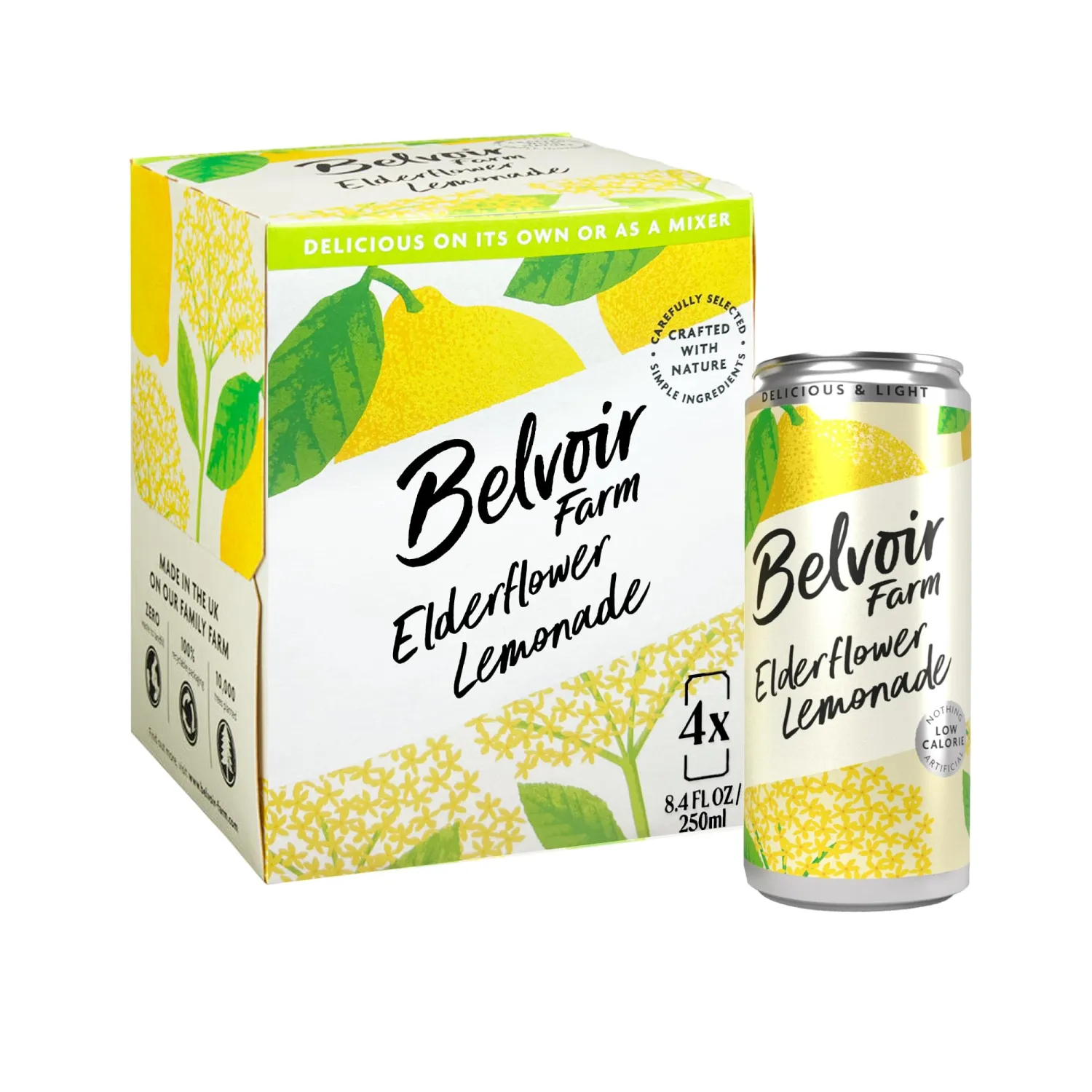 Belvoir Farms Sparkling Elderflower Flavored Lemonade | Delicious On It's Own Or As A Mixer | Product of The UK | 4 Cans, 8.4 fl oz (250mL)