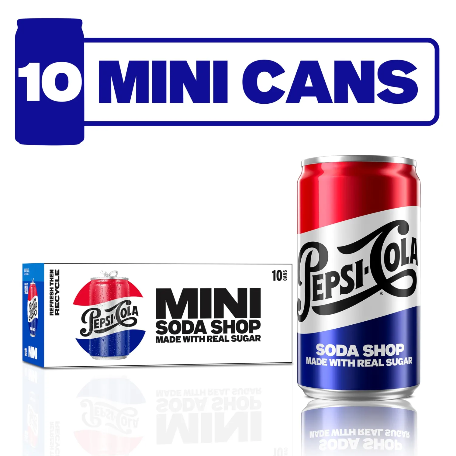 Pepsi Real Sugar Soda, Mini Cans, 7.5oz Mini Cans, (Two packs of 10), Cola, Soda Pop (Packaging May Vary)