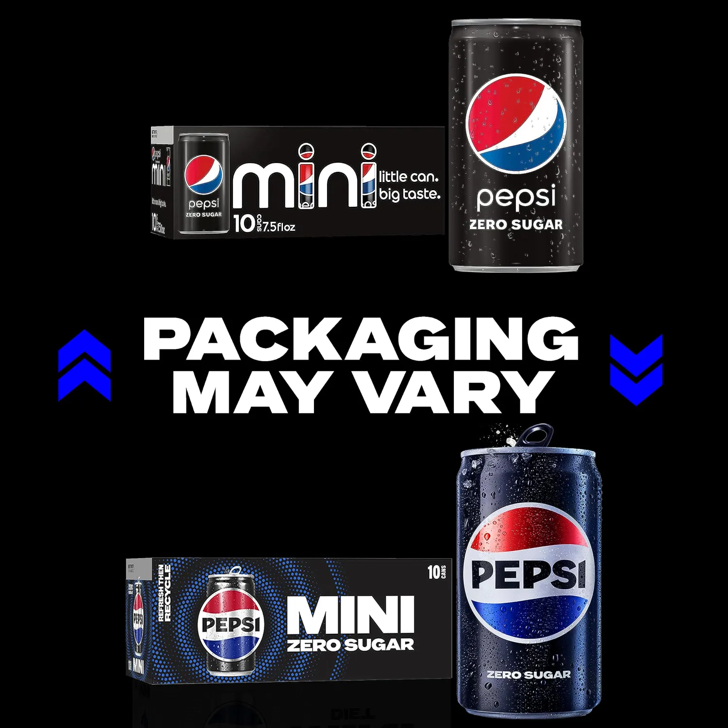 Pepsi Zero Sugar Soda, 7.5 Ounce Mini Cans, (Two packs of 10) (Packaging May Vary)
