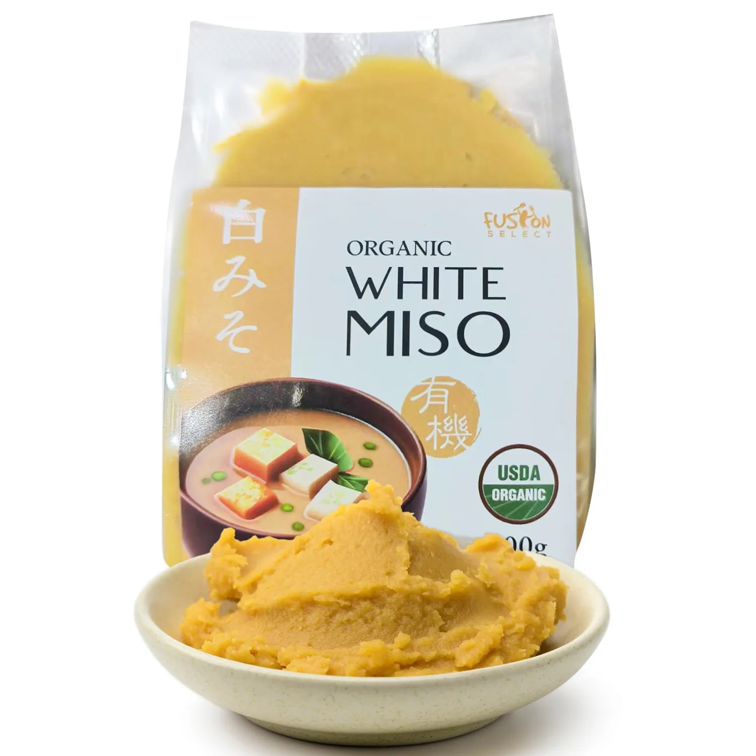 Fusion Select Organic White Miso Paste - Made of Fermented Soy Bean & Rice - Savory Japanese Seasoning For Cooking Soup Base, Broth, Stew, Salad Dressing, Sauce, Marinade, Ramen - 15 Servings, 300g