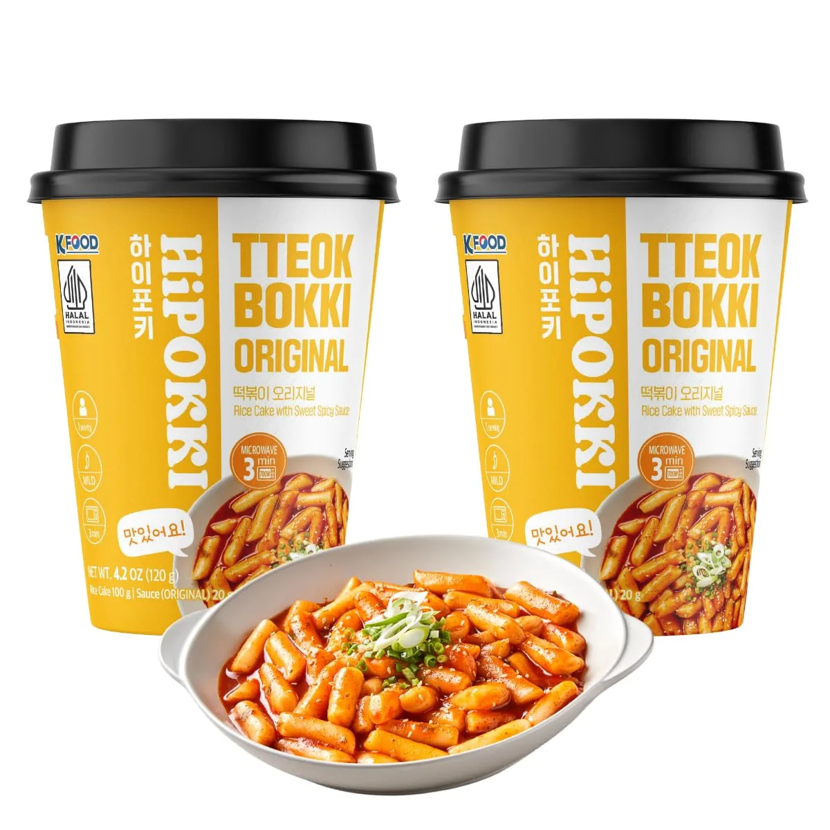 Unha's Korean Spicy and Sweet Rice Cakes, 2 Cups Instant Korean Rice Cake Tteokbokki Tteok, Single Serving Pack of 2