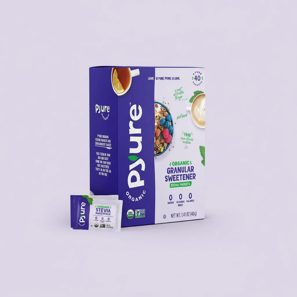 Pyure Organic Stevia Packets | Granulated Sugar Packets - White Sugar Substitute | Zero Carb, Zero Sugar, Zero Calorie Sweetener Packets | Plant-Based Stevia Packets for Keto Coffee | 40 Count