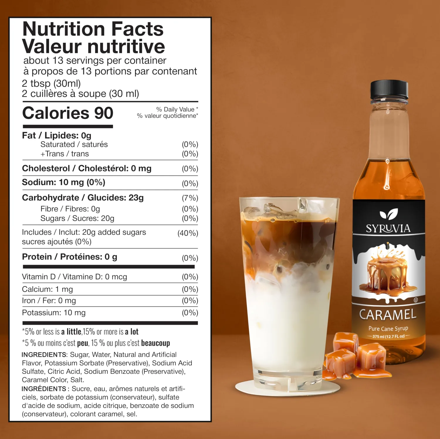 Syruvia Caramel Coffee Syrup - 12.7 fl oz Premium Coffee Flavoring Syrup - Kosher Coffee Syrups, Gluten Free, No Coloring, Perfect for Drinks, Soda, Shakes, Desserts, and More.