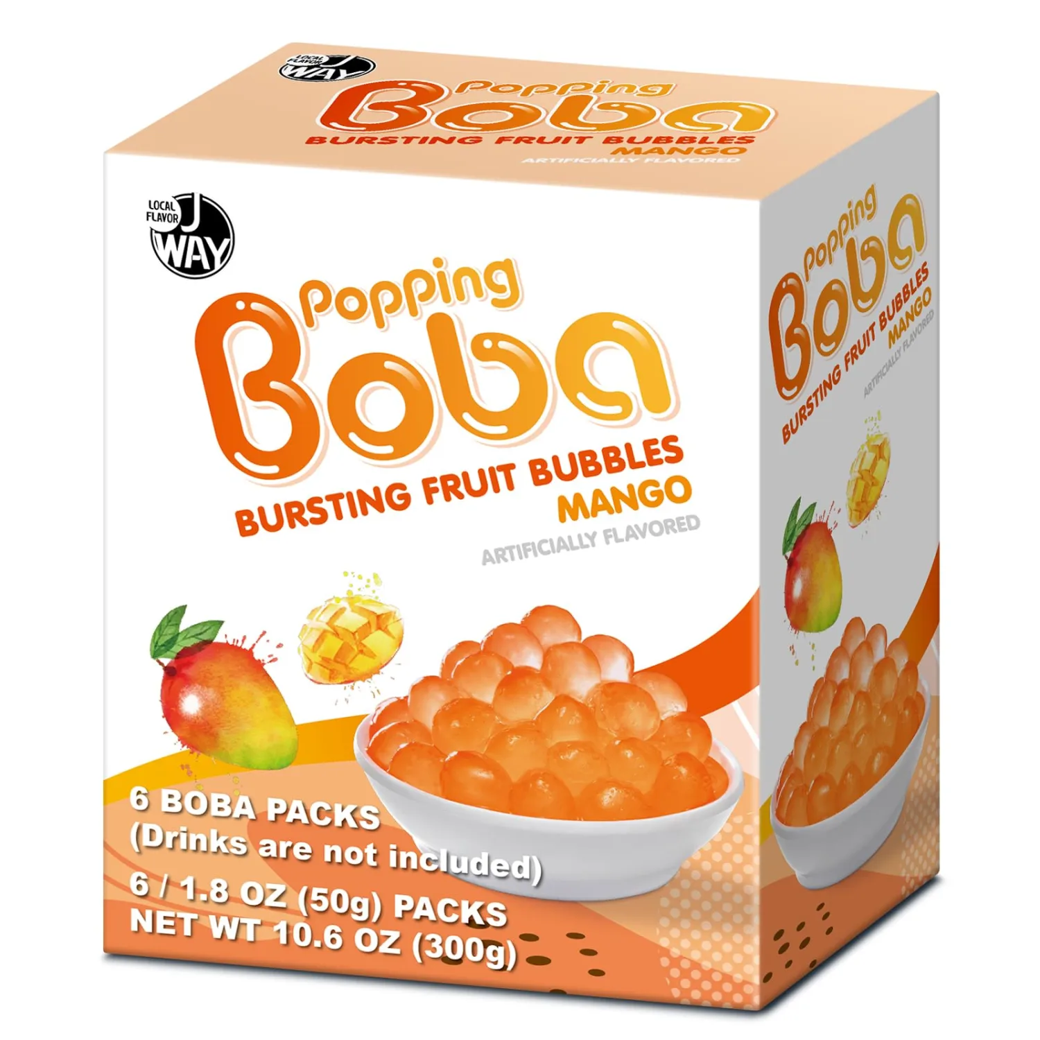 J WAY Bursting Popping Mango Boba Pearls, Mango Syrup, Non-Dairy, Fat-Free Popping Tapioca Boba for Beverages, Sweets, Ice Cream, 1.8oz (Pack of 6)