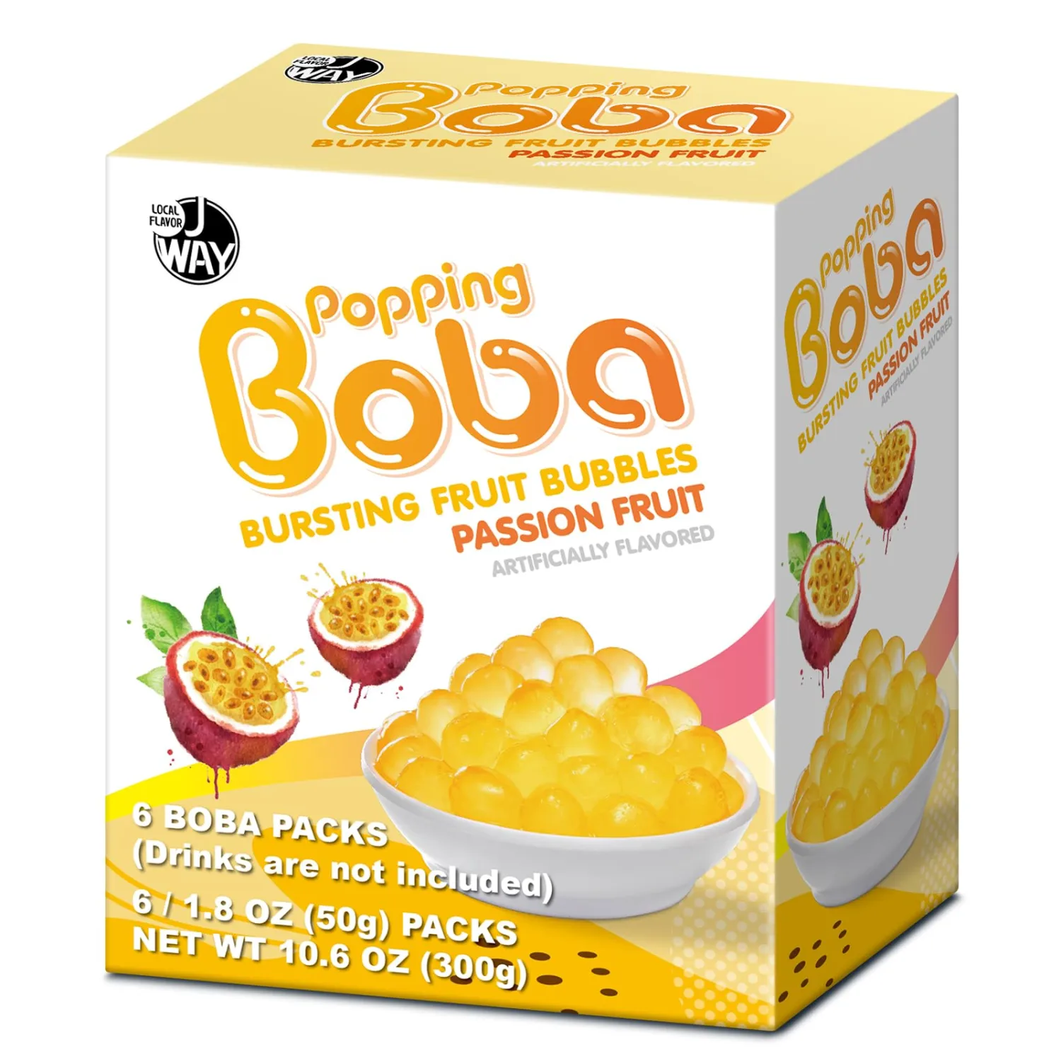 J WAY Bursting Popping Passion Fruit Boba Pearls, Passion Fruit Syrup, Non-Dairy, Fat-Free Popping Tapioca Boba for Beverages, Sweets, Ice Cream, 1.8oz (Pack of 6)