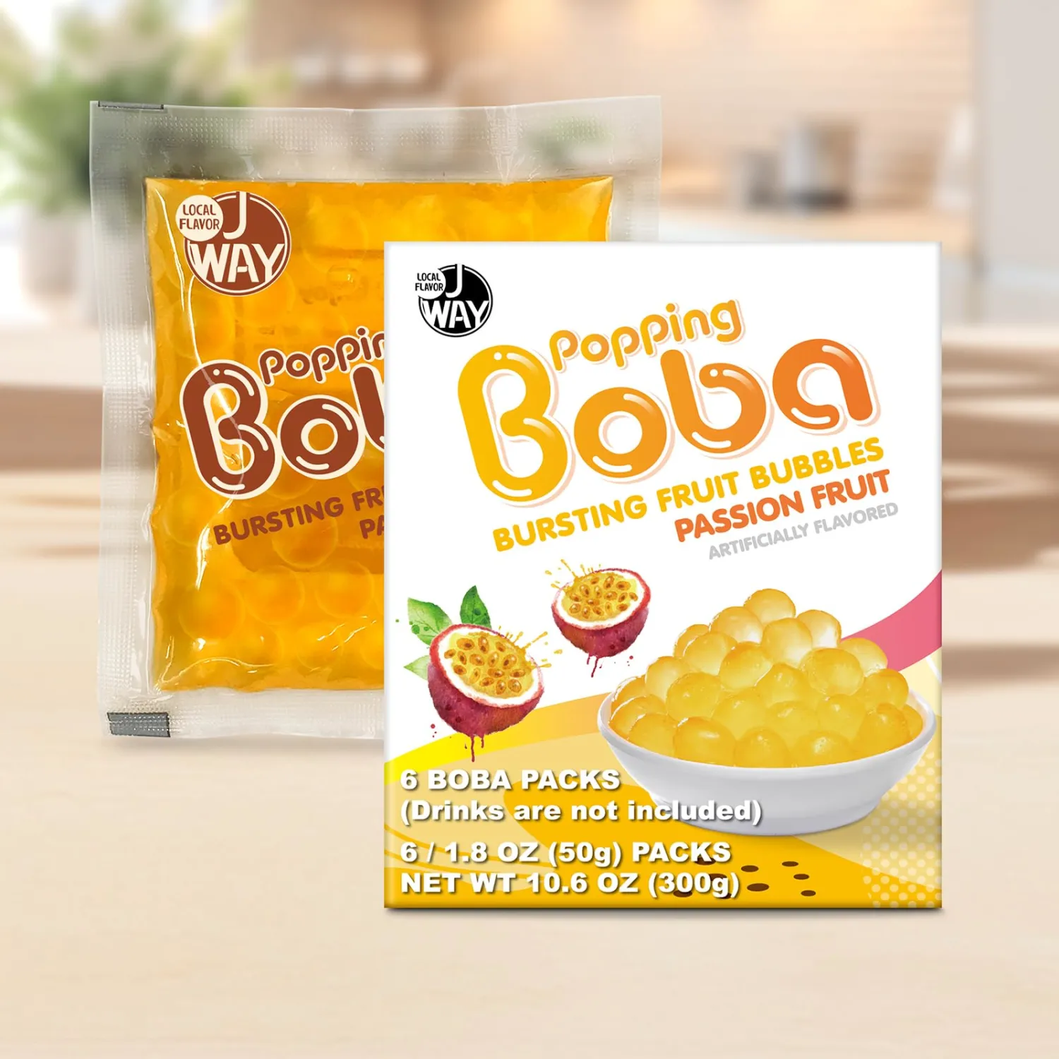 J WAY Bursting Popping Passion Fruit Boba Pearls, Passion Fruit Syrup, Non-Dairy, Fat-Free Popping Tapioca Boba for Beverages, Sweets, Ice Cream, 1.8oz (Pack of 6)