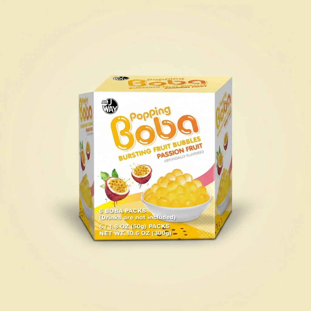 J WAY Bursting Popping Passion Fruit Boba Pearls, Passion Fruit Syrup, Non-Dairy, Fat-Free Popping Tapioca Boba for Beverages, Sweets, Ice Cream, 1.8oz (Pack of 6)