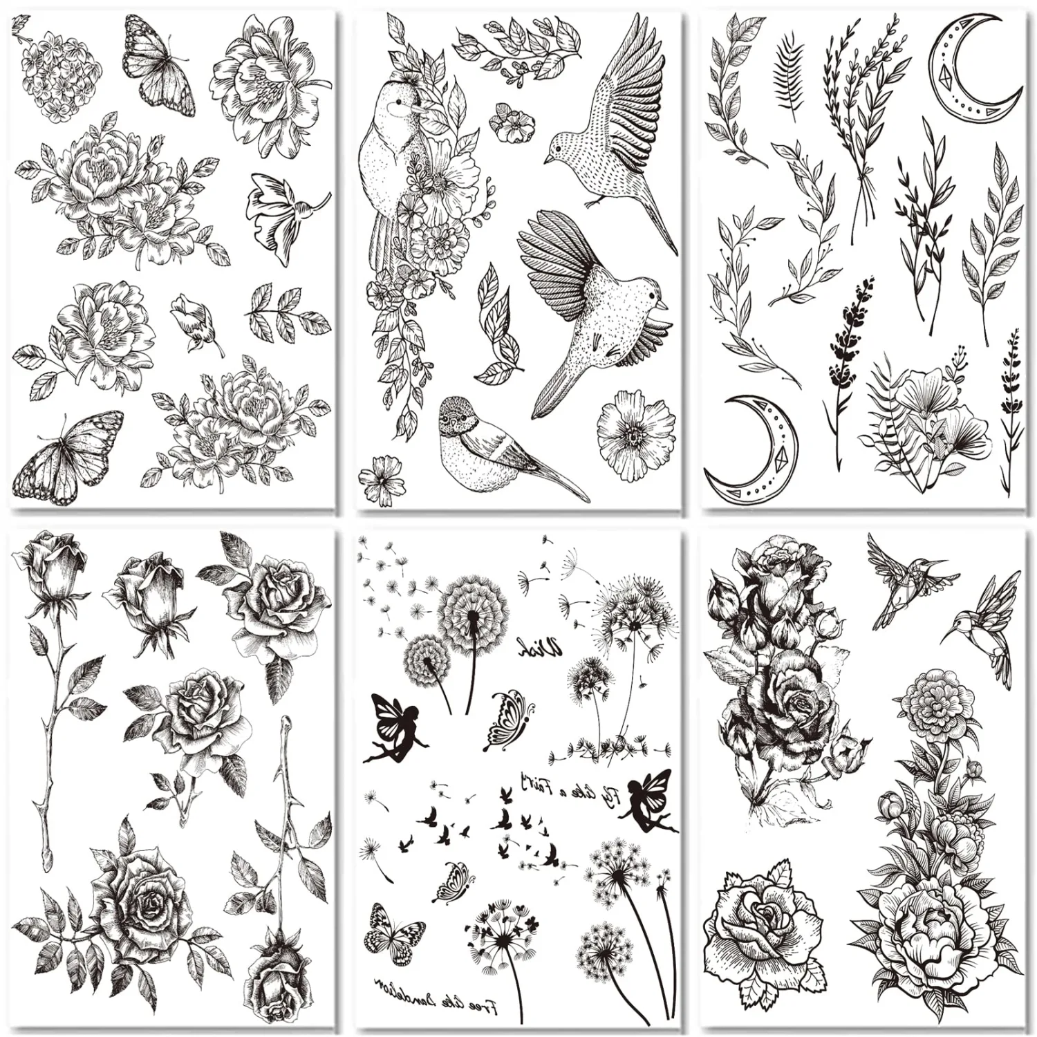 Bird Flower Temporary Tattoo For Women, Realistic Black Large Floral Rose Fake Tattoo Stickers Adult Girl Arm Hand Leg, Flower Fairy Hummingbird Temp Tatoo Back Waist Thigh Body Art Makeup, 6-Sheet