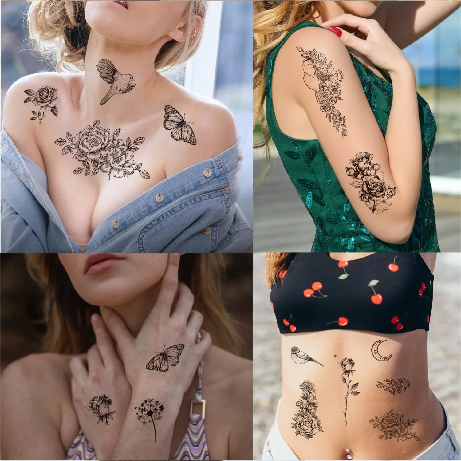 Bird Flower Temporary Tattoo For Women, Realistic Black Large Floral Rose Fake Tattoo Stickers Adult Girl Arm Hand Leg, Flower Fairy Hummingbird Temp Tatoo Back Waist Thigh Body Art Makeup, 6-Sheet