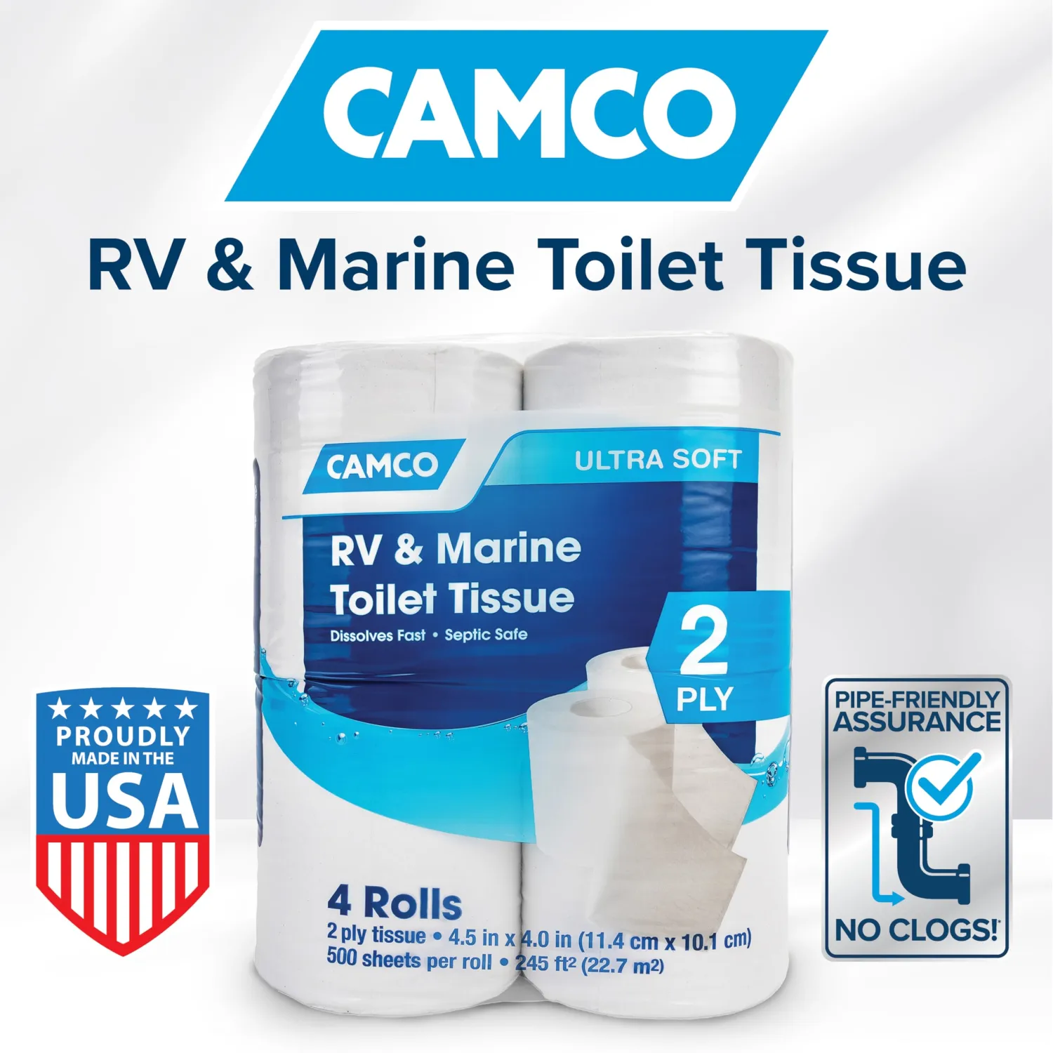 Camco RV Bathroom Toilet Tissue - 4 Rolls Sewer-Safe, Septic-Safe, Biodegradable 2-Ply Bath Tissue Designed For Trailer, Motorhome, & Marine Sanitation Systems (40274), White