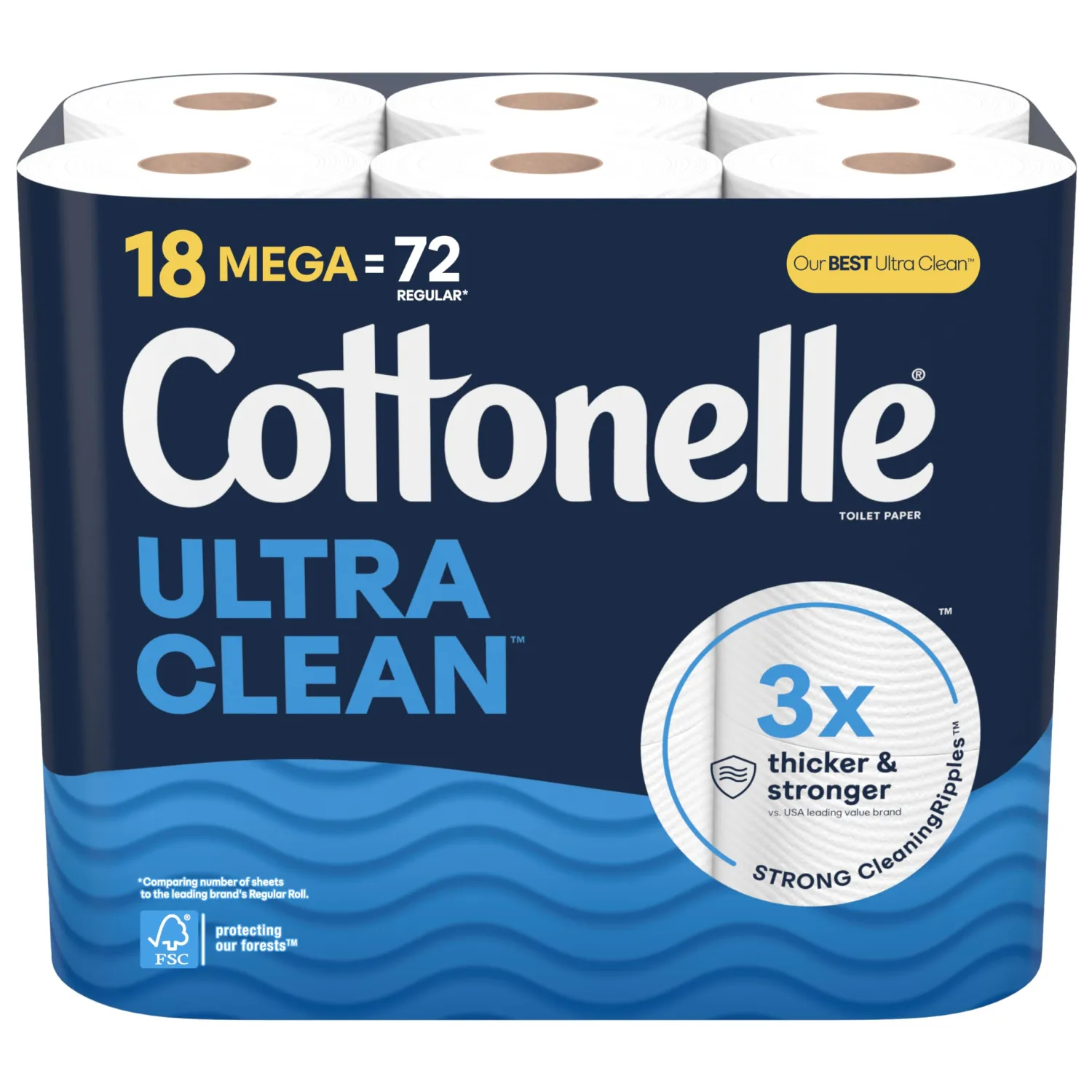 Cottonelle Ultra Clean Toilet Paper, 18 Mega Rolls (18 Mega Rolls = 72 Regular Rolls), 284 Sheets Per Roll, Packaging May Vary