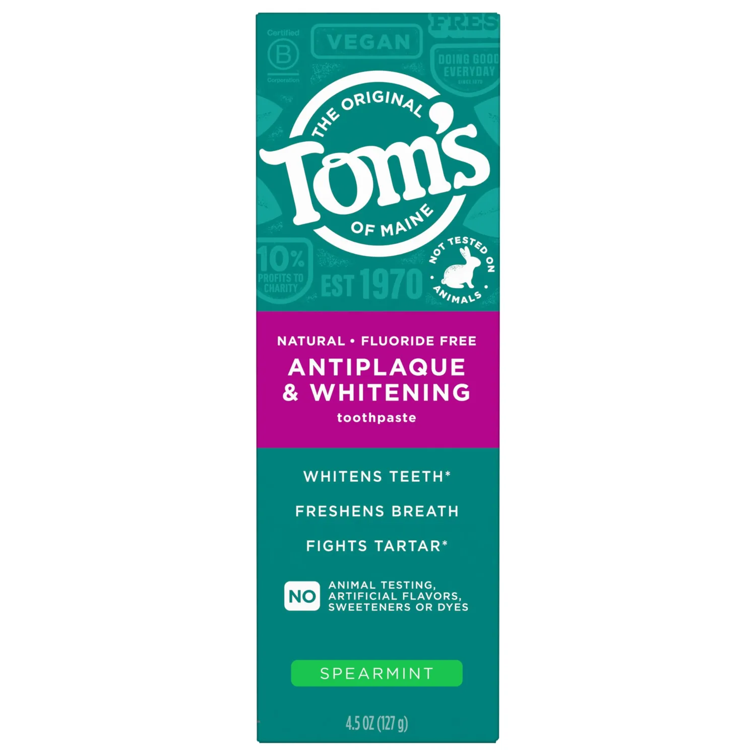 Tom’s of Maine Antiplaque and Whitening Fluoride Free Toothpaste, Spearmint, 4.5 Oz