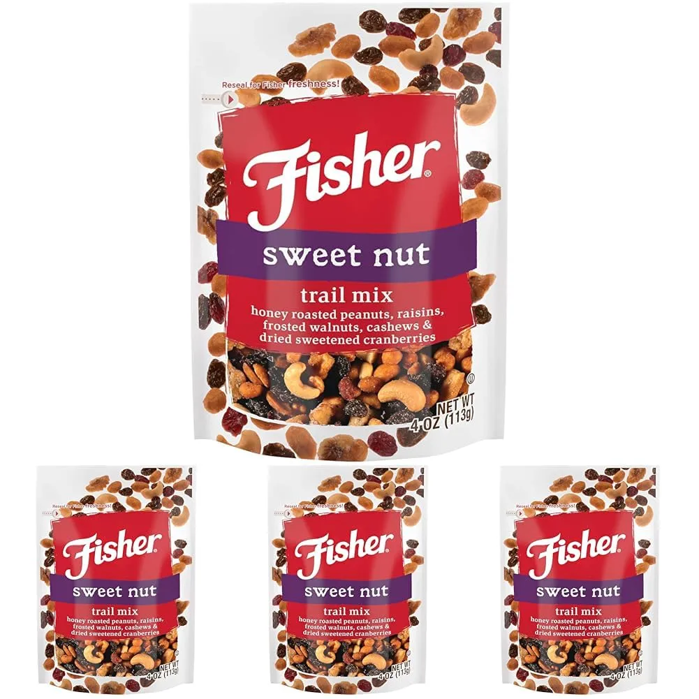 Fisher Snack Sweet Nut Trail Mix, 4 Ounces, Honey Roasted Peanuts, Raisins, Frosted Walnuts, Cashews, Dried Sweetened Cranberries (Pack of 4)