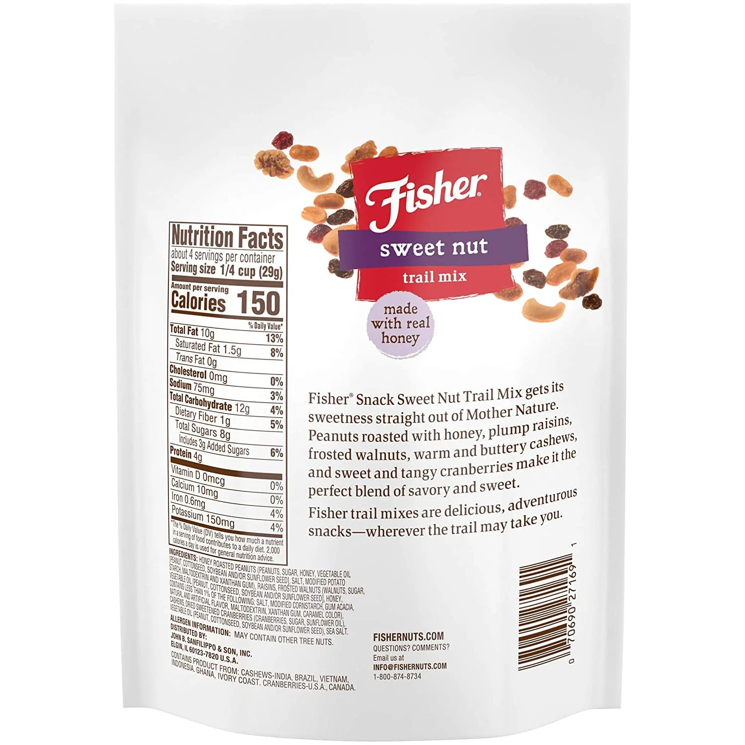 Fisher Snack Sweet Nut Trail Mix, 4 Ounces, Honey Roasted Peanuts, Raisins, Frosted Walnuts, Cashews, Dried Sweetened Cranberries (Pack of 4)