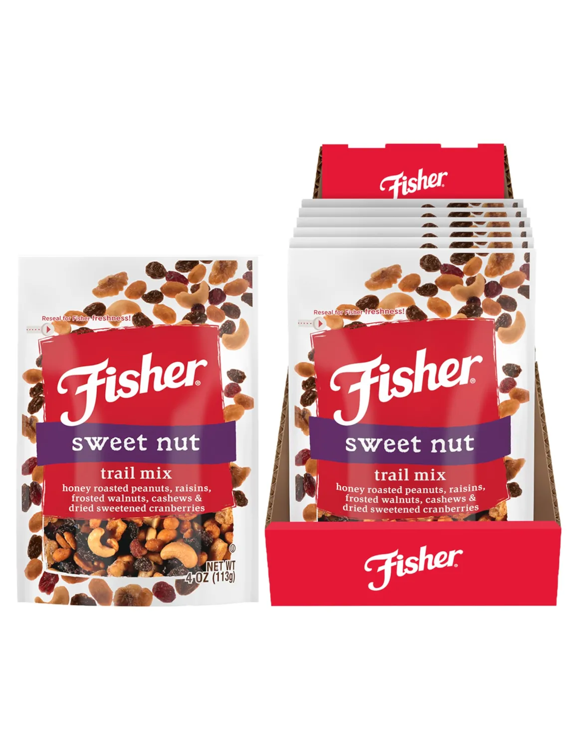 Fisher Snack Sweet Nut Trail Mix, 4 oz (Pack of 6), Honey Roasted Peanuts, Raisins, Frosted Walnuts, Cashews, Dried Sweetened Cranberries, Snacks for Adults and Kids, Dried Fruit Snacks