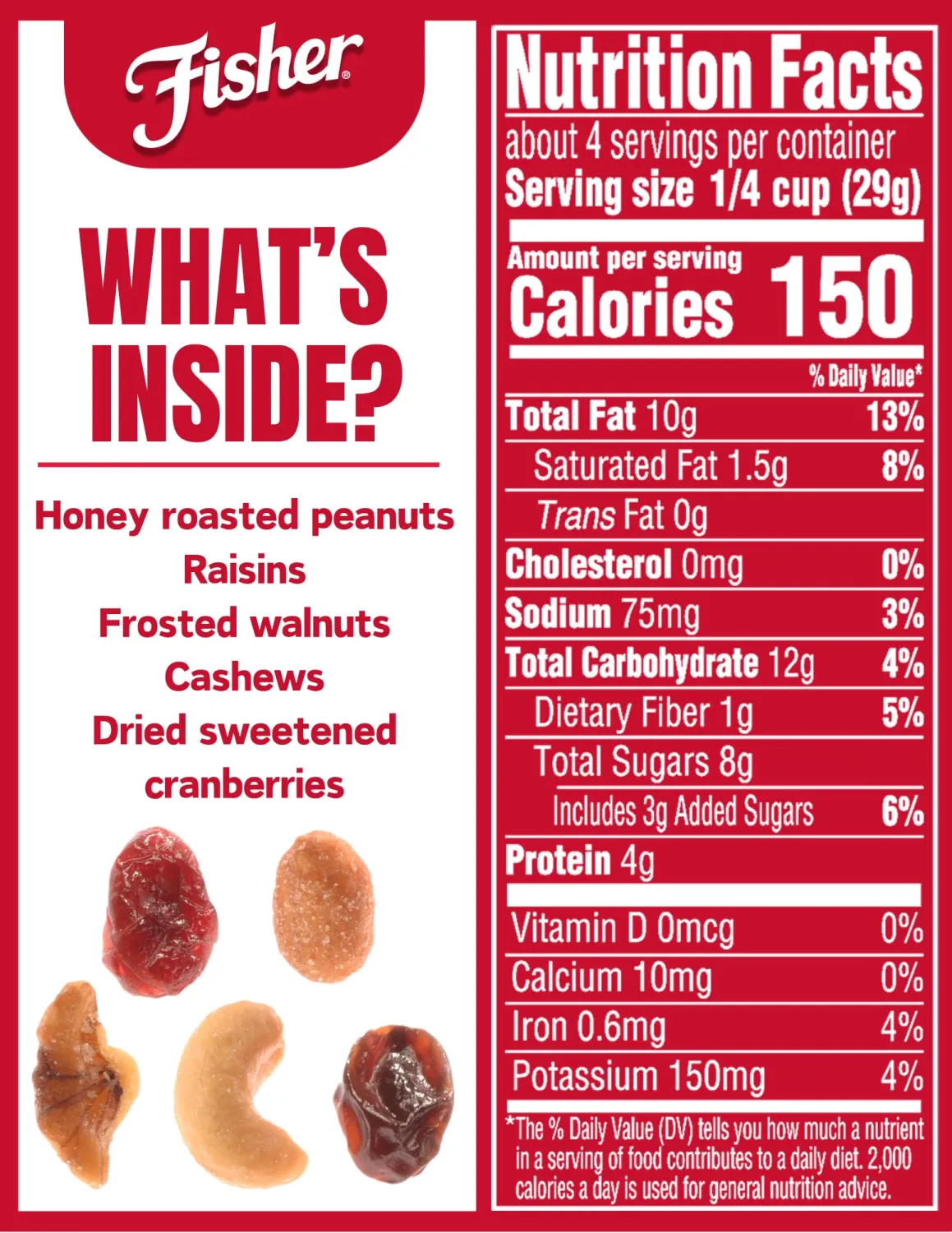 Fisher Snack Sweet Nut Trail Mix, 4 oz (Pack of 6), Honey Roasted Peanuts, Raisins, Frosted Walnuts, Cashews, Dried Sweetened Cranberries, Snacks for Adults and Kids, Dried Fruit Snacks