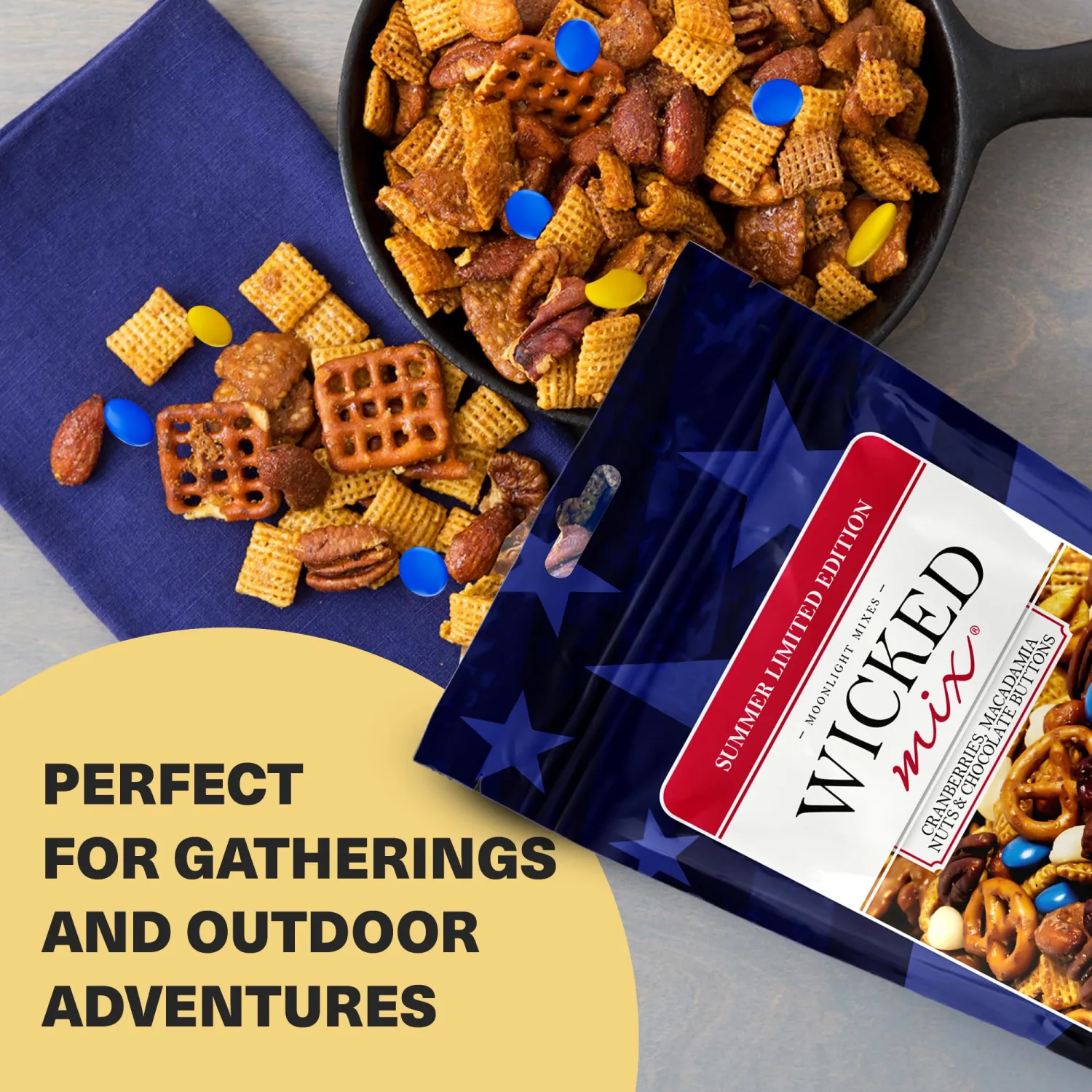 Wicked Mix Snack Mix with Mixed Nuts, Sweet & Salty Snacks Trail Mix with Almonds, Cashews, Pretzels, Pecans, Cranberry, Macadamia & Chocolates, Zero Trans Fat, Resealable Bag (Summer Edition, 1 Pack)