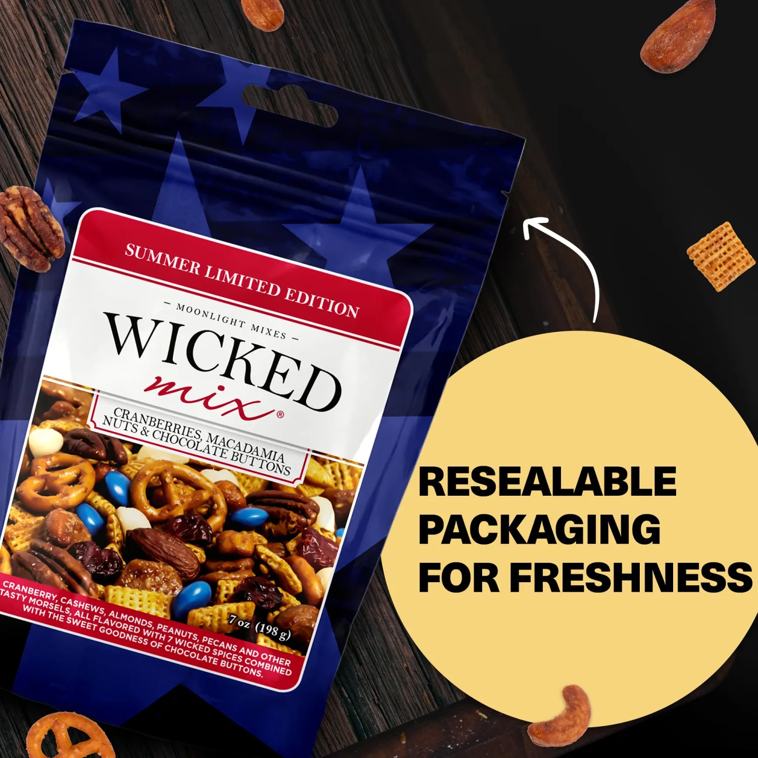 Wicked Mix Snack Mix with Mixed Nuts, Sweet & Salty Snacks Trail Mix with Almonds, Cashews, Pretzels, Pecans, Cranberry, Macadamia & Chocolates, Zero Trans Fat, Resealable Bag (Summer Edition, 1 Pack)