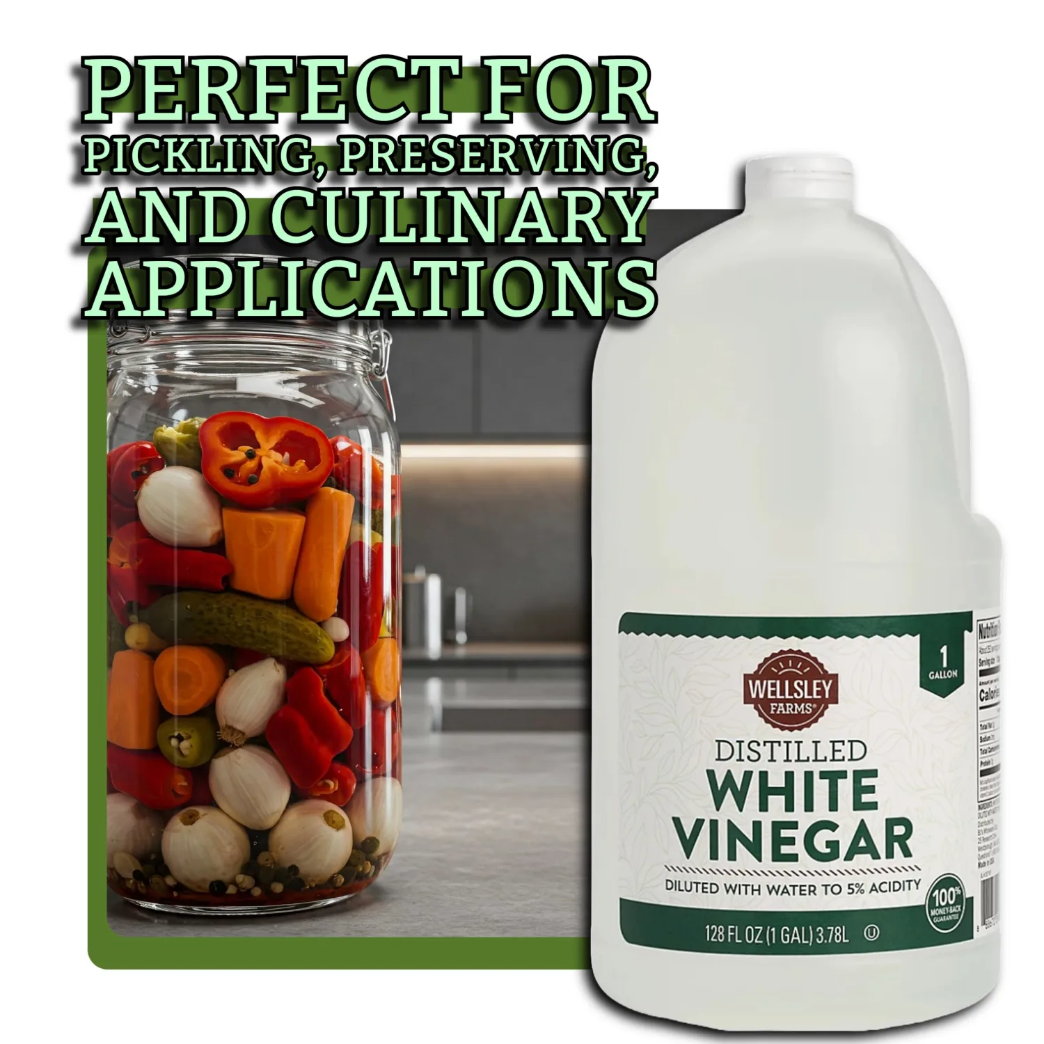 Wellsely Farms Distilled White Vinegar. 1 Gallon (128 fl.oz.) 5% Acidity.