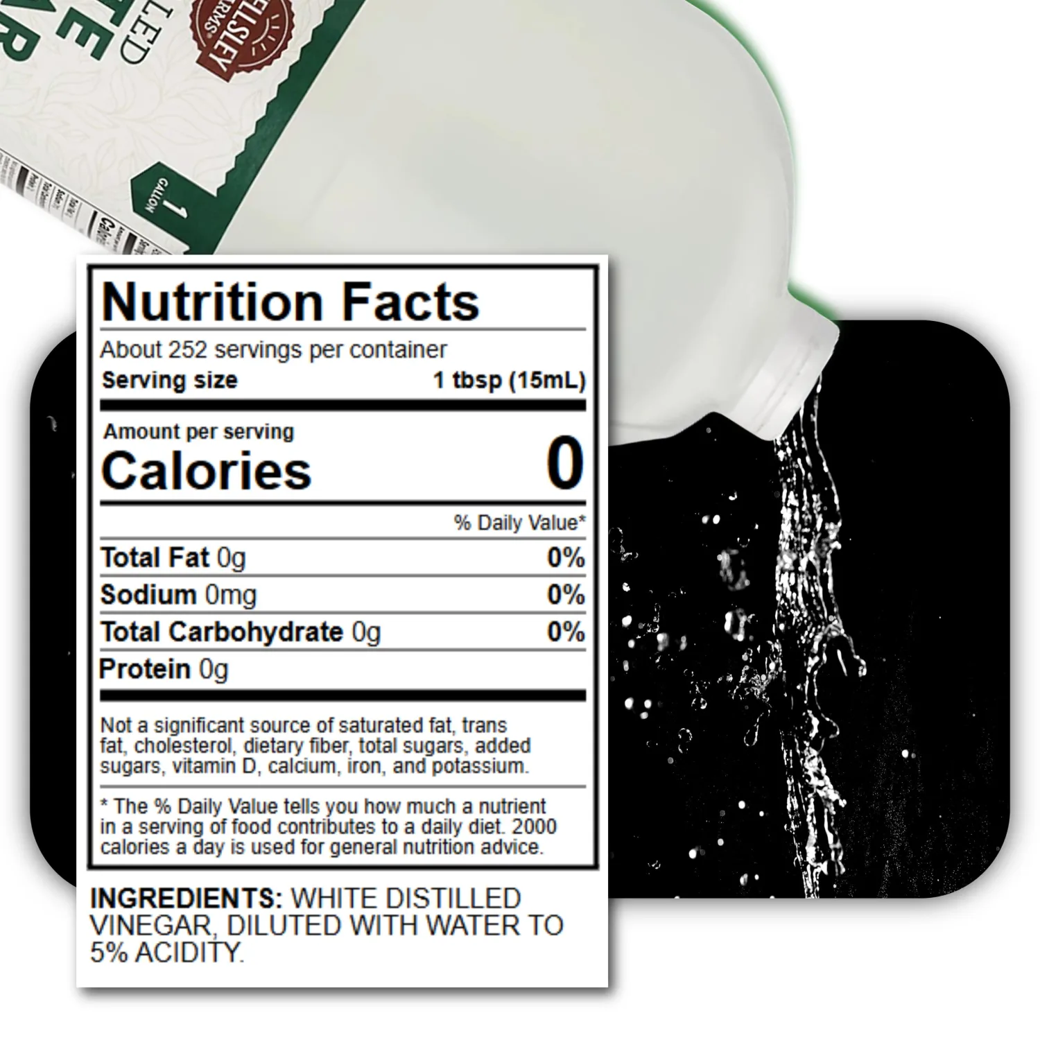 Wellsely Farms Distilled White Vinegar. 1 Gallon (128 fl.oz.) 5% Acidity.