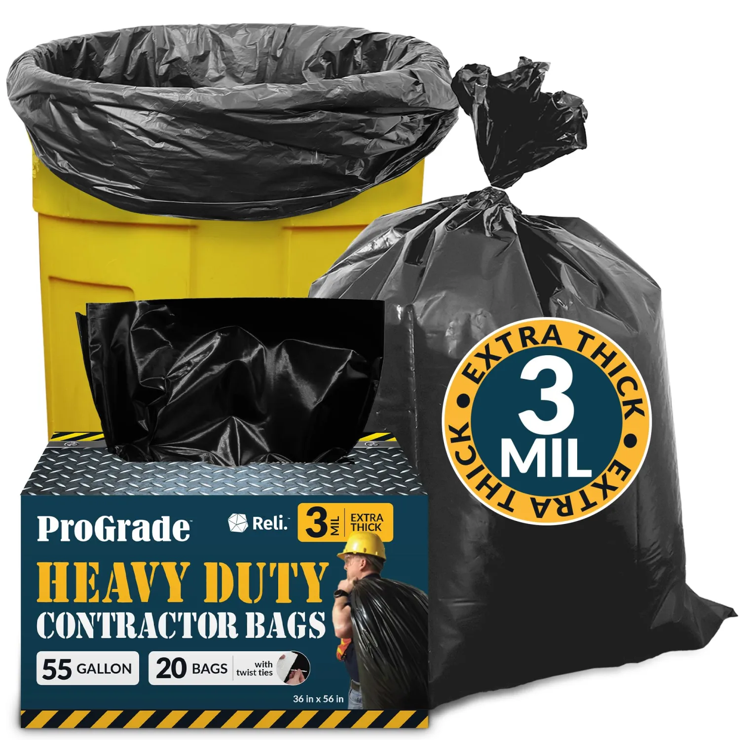 Reli. Contractor Garbage Bags 55 Gallon | 20 Trash Bags | Heavy Duty | Black Contractor