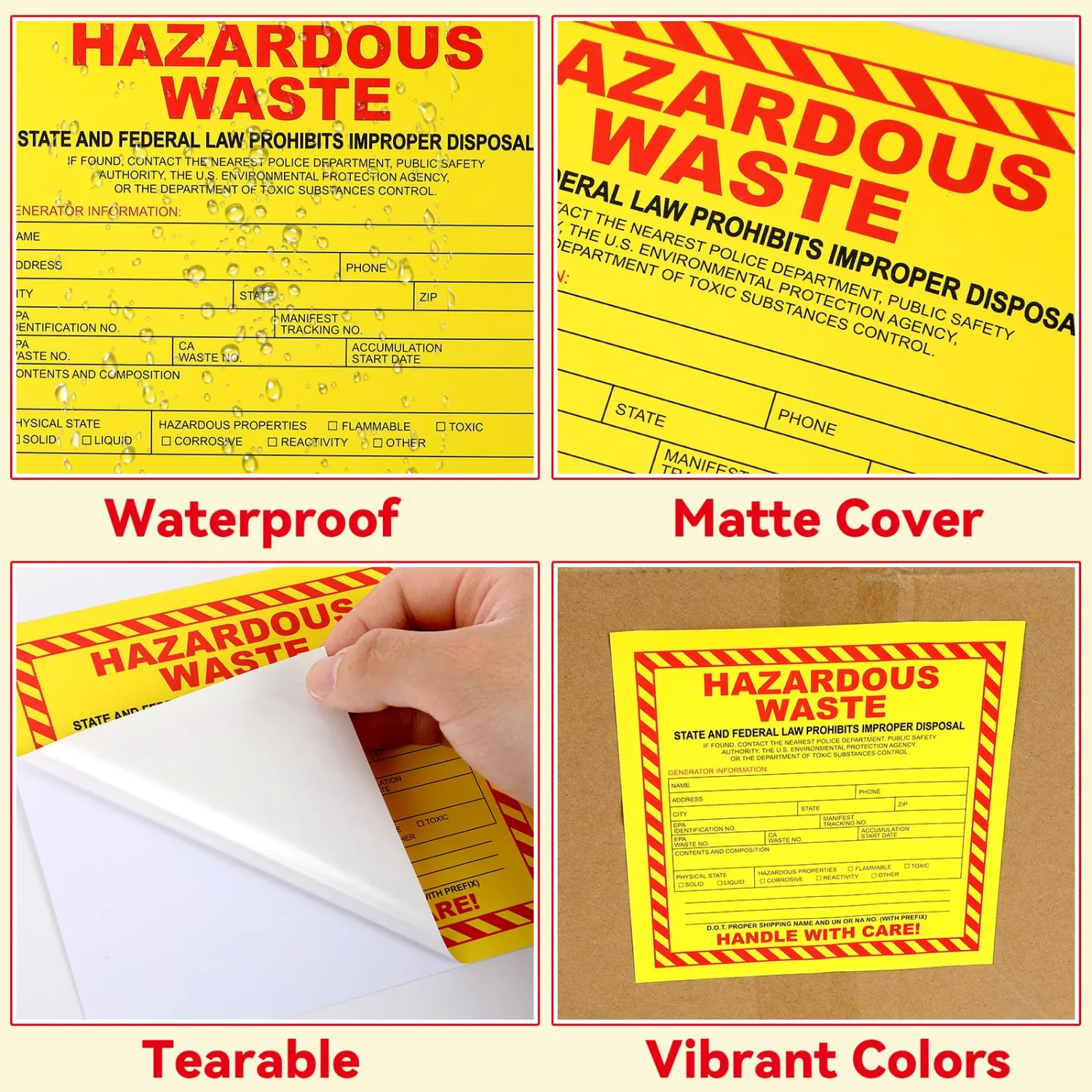 gisgfim Pack of 30 Hazardous Waste Labels Waterproof Adhesive-Poly Vinyl Trash Label Hazard Stickers Matte 6 x 6 Inch "Federal Laws Prohibit Improper Disposal. Handle with Care"