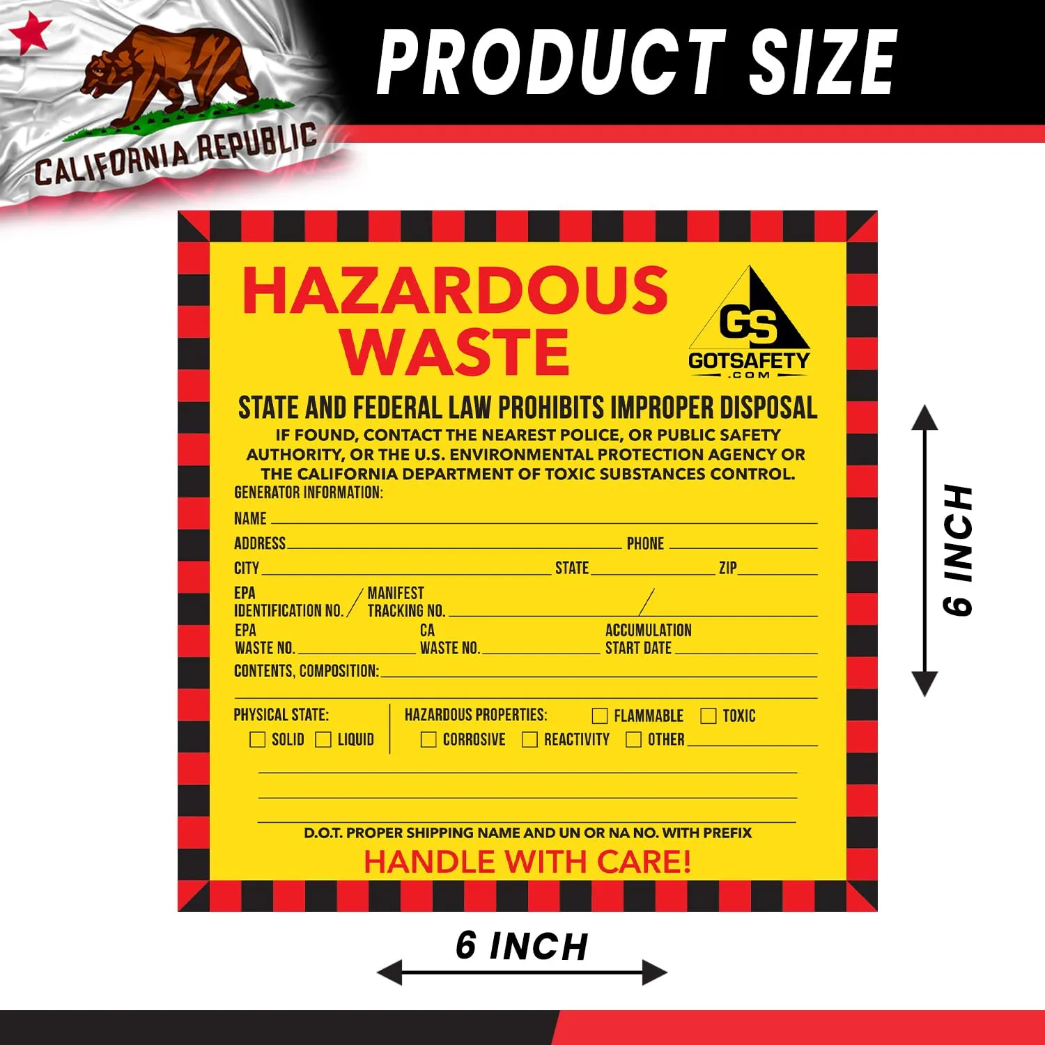 Hazardous Waste Labels California According to Federal Laws, 6" x 6" Pack of 25, Biohazard Sticker, Self-Adhesive Hazardous Waste Signs Weatherproof Easy to Use On Hazardous Waste Containers