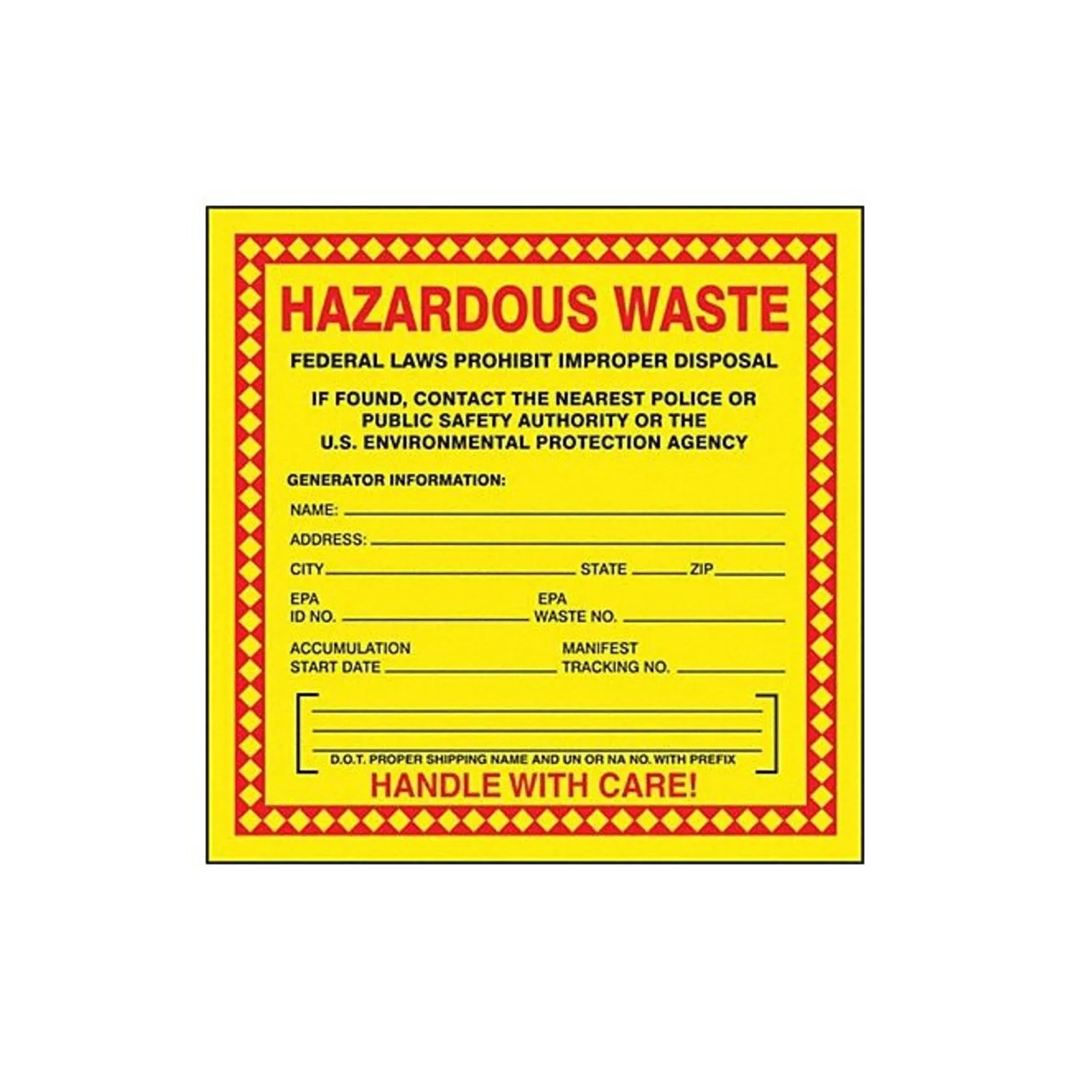 Accuform Hazardous Waste Adhesive Coated Paper Label, Pack of 25, Legend Hazardous Waste - Federal Laws PROHIBIT Improper Disposal...Handle with Care, 6" x 6", Red/Black/Yellow, MHZW20PSP