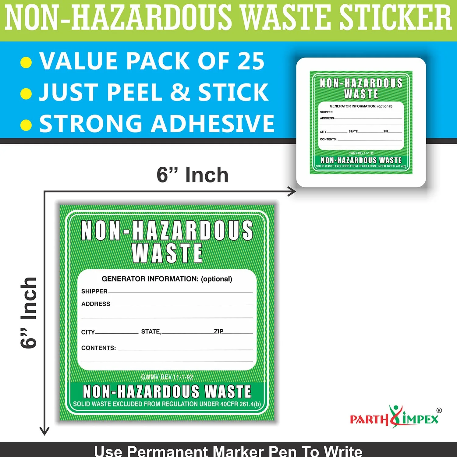 50 Pcs Non Hazardous Waste Stickers Labels - 6" x 6" Large Non Hazard Material Sign Safety Decals for Industrial Chemical Containers Labs Hospitals Drum Trash Can Bin Disposal Bags