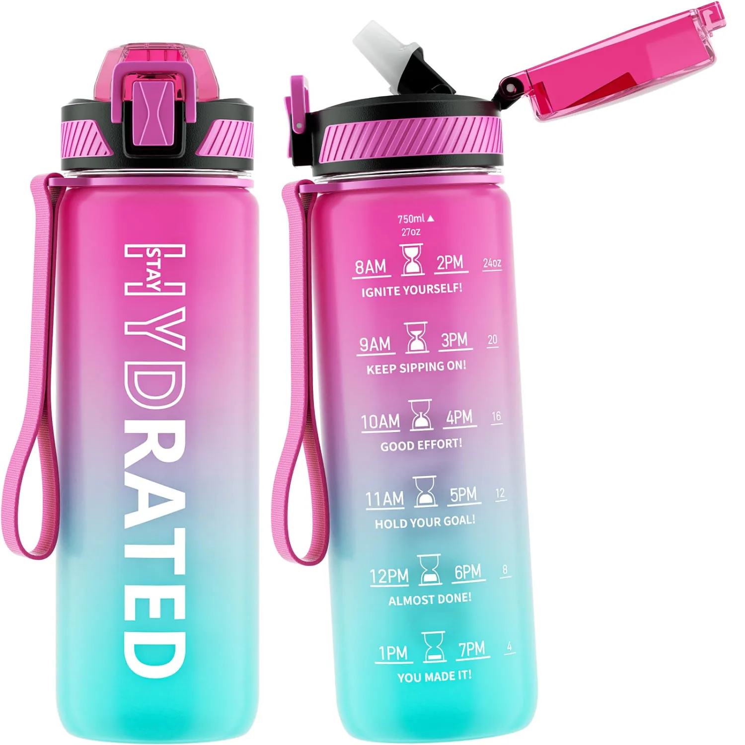 Water Bottle with Straw, 27oz Motivational Water Bottles with Time Marker to Drink, Tritan BPA Free, 750ml Sports Water Bottle with Carry Strap LeakProof for School Fitness Outdoor (1Pack)