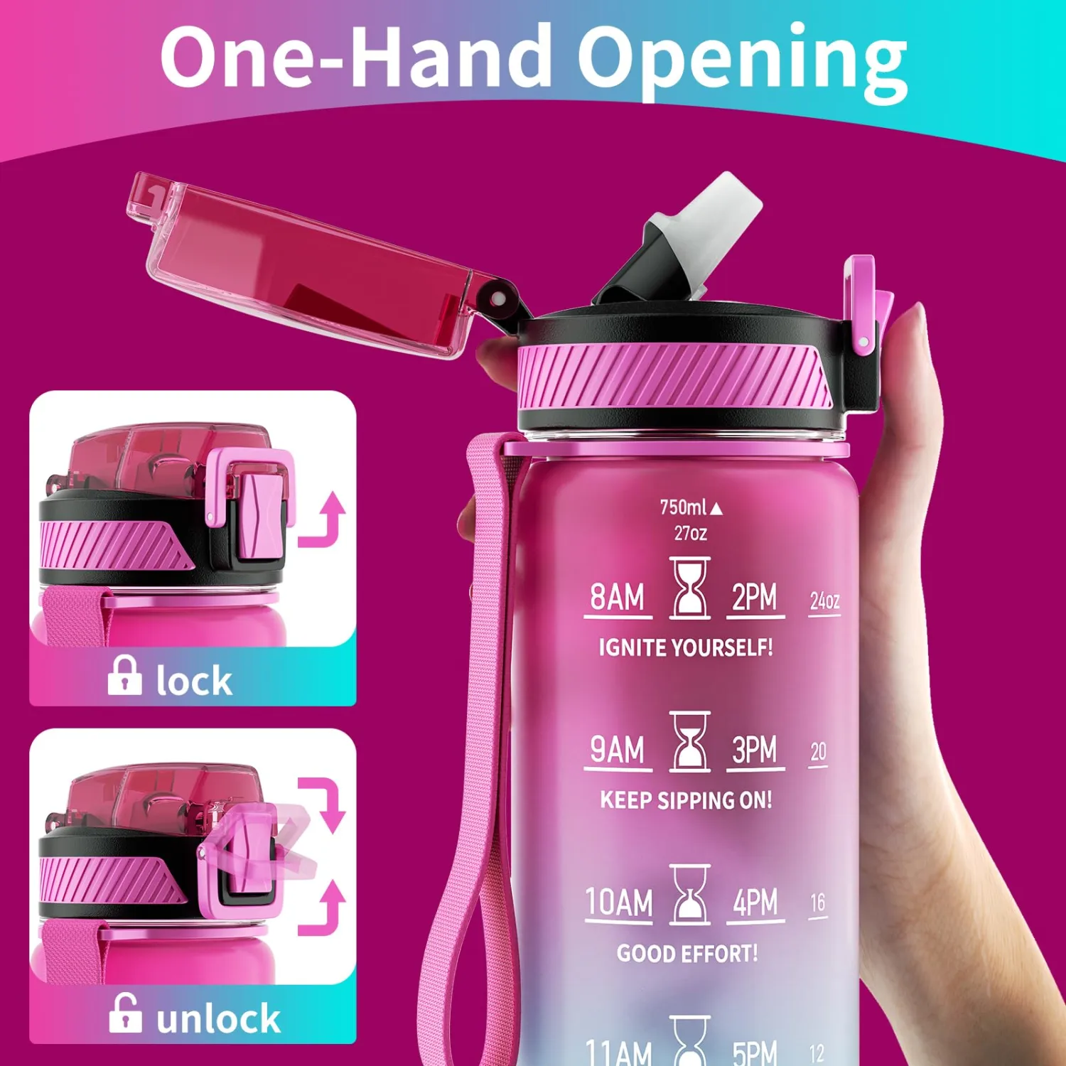 Water Bottle with Straw, 27oz Motivational Water Bottles with Time Marker to Drink, Tritan BPA Free, 750ml Sports Water Bottle with Carry Strap LeakProof for School Fitness Outdoor (1Pack)
