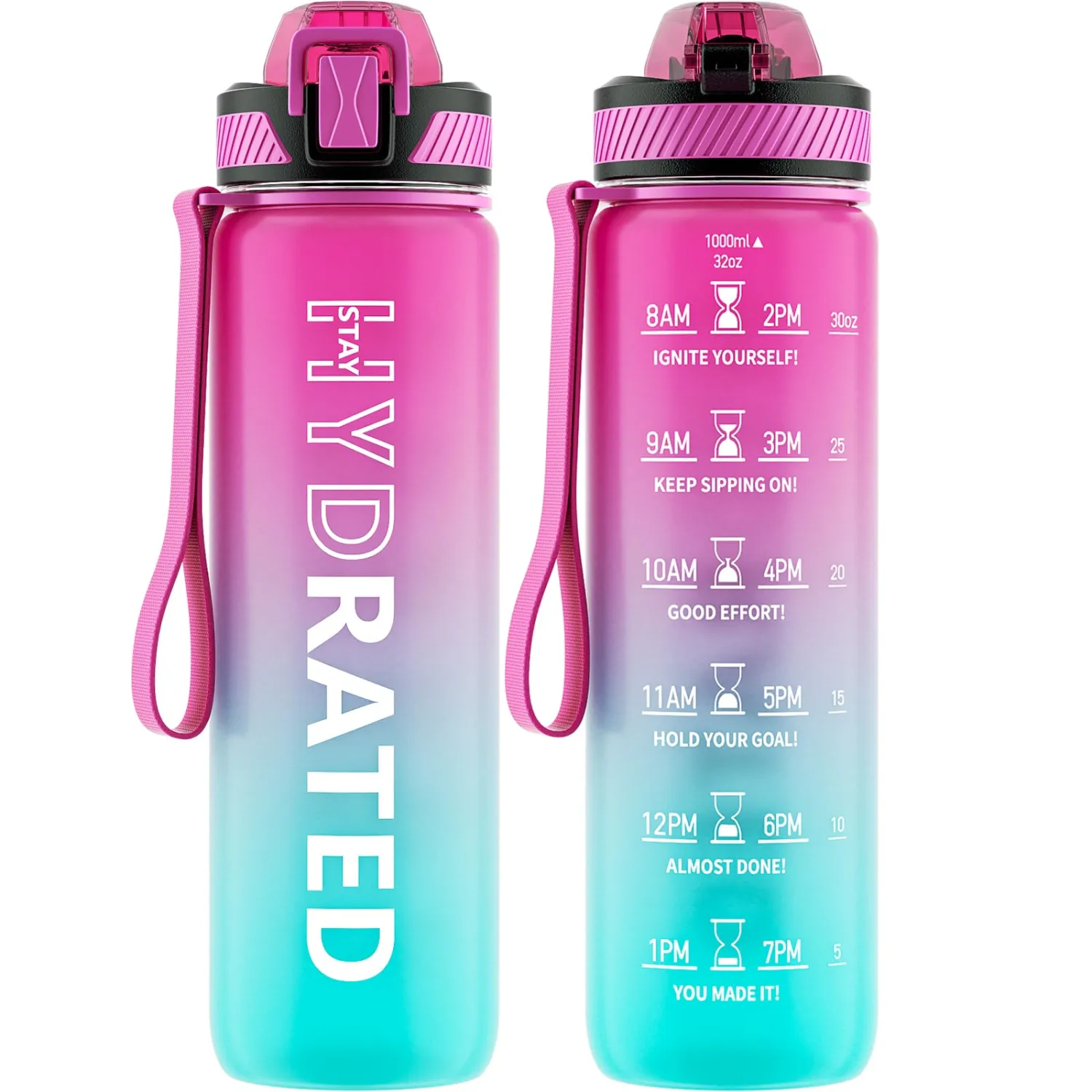 Water Bottle with Straw, 32oz Motivational Water Bottles with Time Marker to Drink, Tritan BPA Free, 1L Sports Water Bottle with Carry Strap LeakProof for Women Gym Fitness Outdoor (1 Pack)