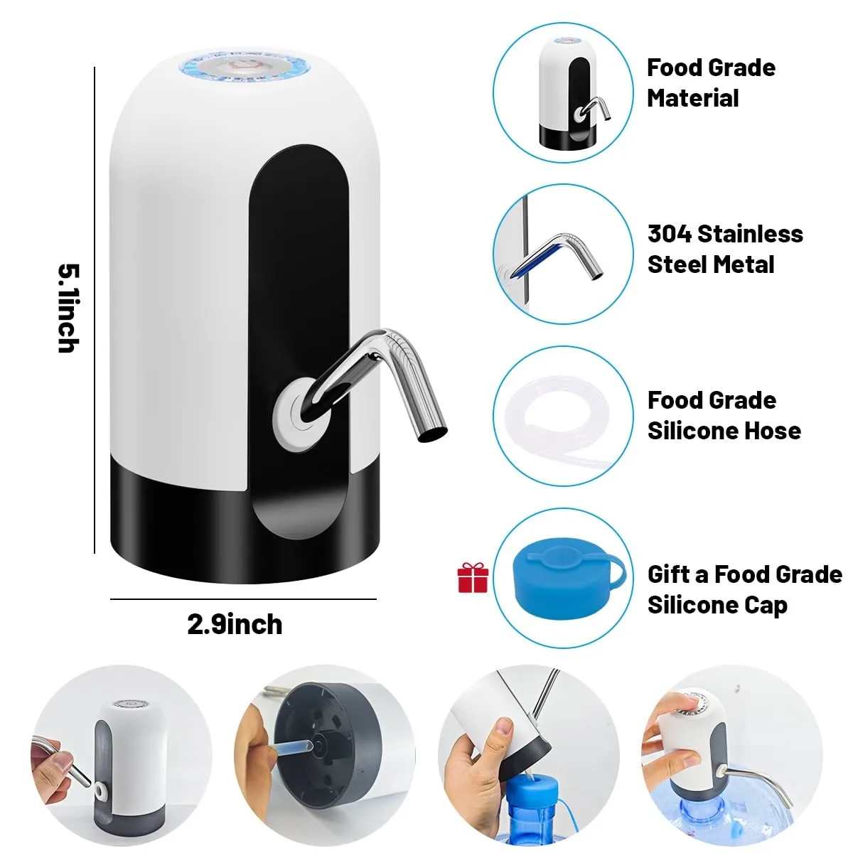 Myvision Water Dispenser for 5 Gallon Bottle,Portable USB Charging Electric Water Pump, Drinking Water Jug Pump for Home, Kitchen, Living Room, Office,Camping,Universal for 3-5 Gallon (White)