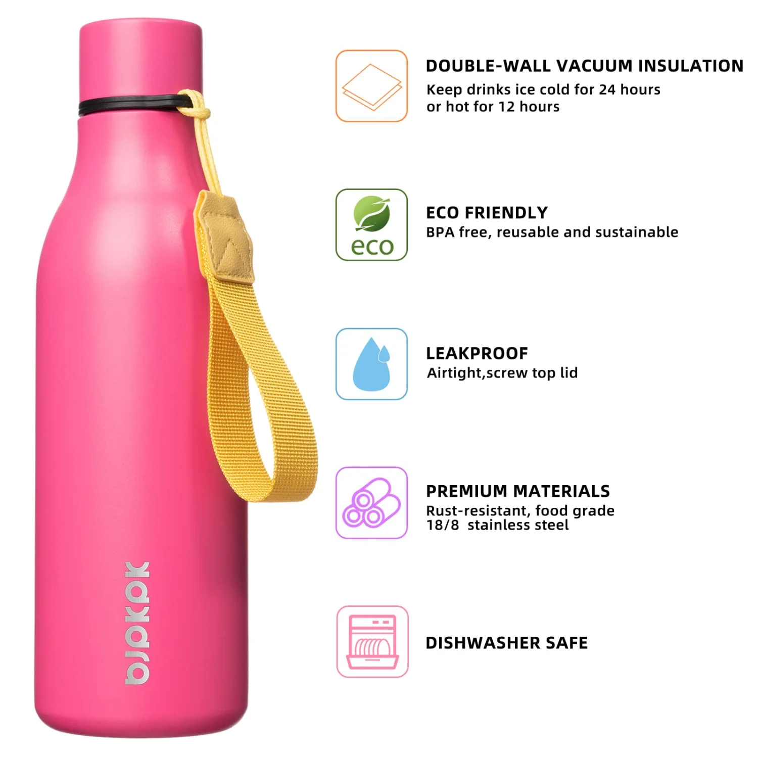 BJPKPK Insulated Water Bottles, 18 oz Stainless Steel Metal Water Bottle with Strap, BPA Free Leak Proof Thermos, Mugs, Flasks, Reusable Water Bottle for Sports & Travel, Pink