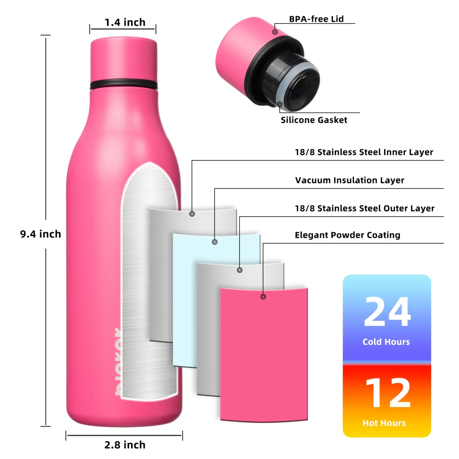 BJPKPK Insulated Water Bottles, 18 oz Stainless Steel Metal Water Bottle with Strap, BPA Free Leak Proof Thermos, Mugs, Flasks, Reusable Water Bottle for Sports & Travel, Pink