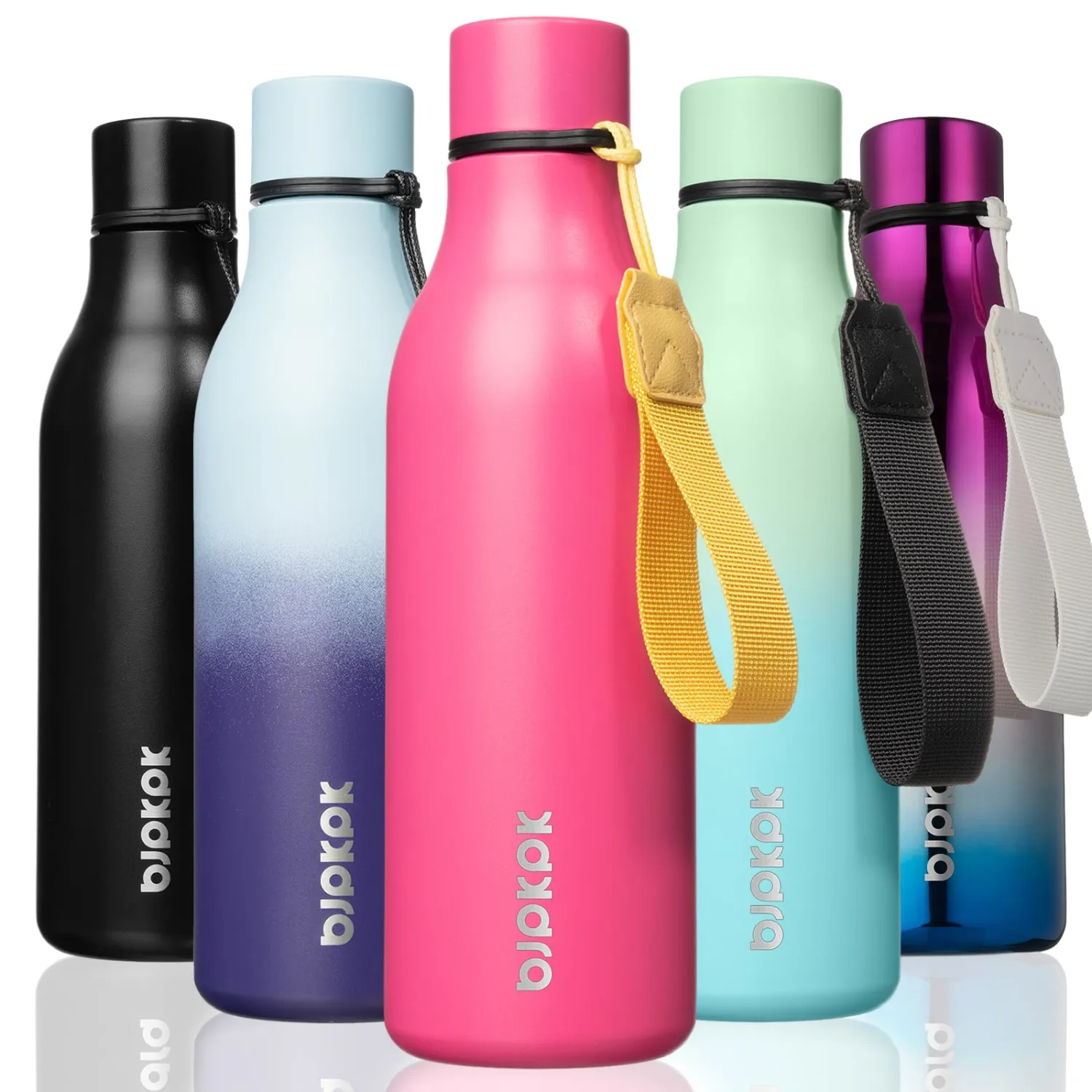 BJPKPK Insulated Water Bottles, 18 oz Stainless Steel Metal Water Bottle with Strap, BPA Free Leak Proof Thermos, Mugs, Flasks, Reusable Water Bottle for Sports & Travel, Pink