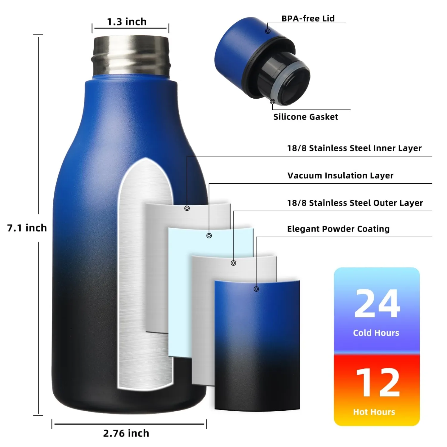 BJPKPK Insulated Water Bottles, 12oz Stainless Steel Metal Water Bottle with Strap, BPA Free Leak Proof Thermos, Mugs, Flasks, Reusable Water Bottle for Sports & Travel, Blue Black