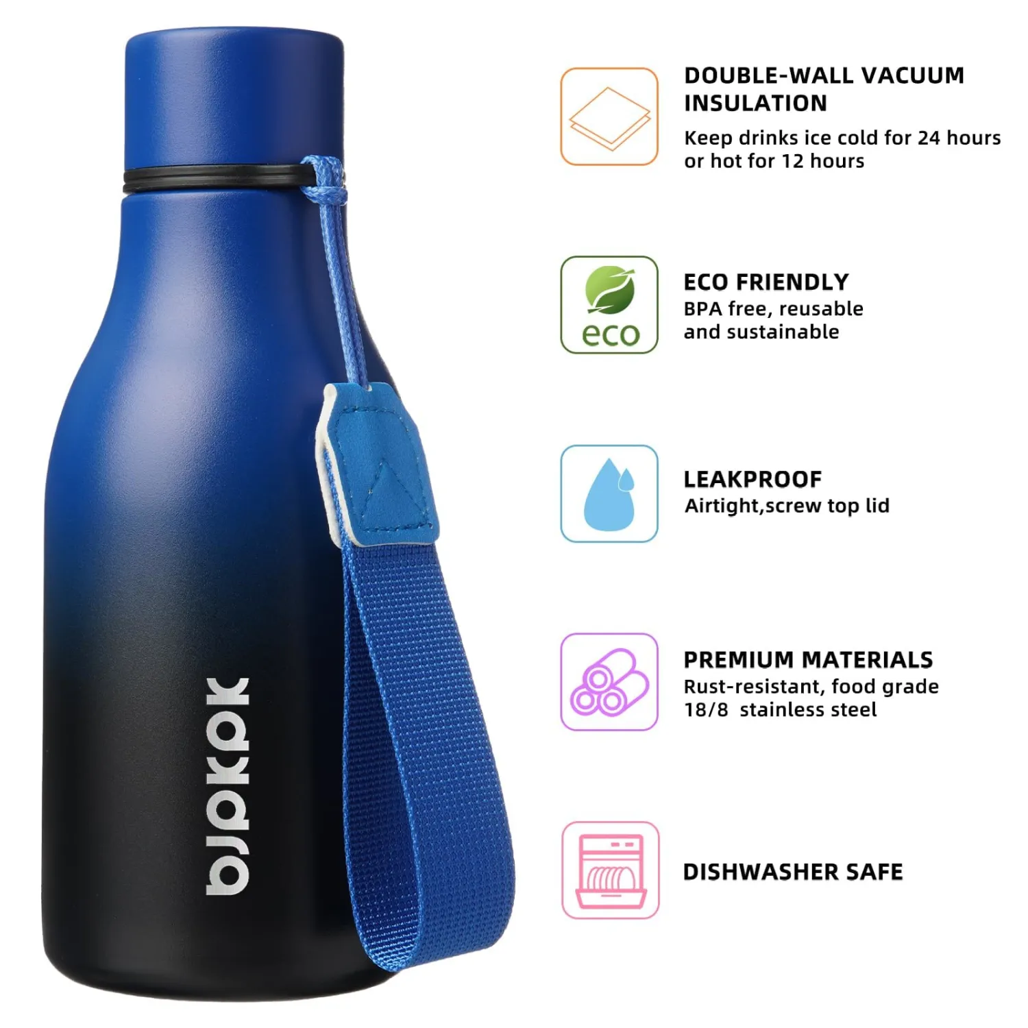 BJPKPK Insulated Water Bottles, 12oz Stainless Steel Metal Water Bottle with Strap, BPA Free Leak Proof Thermos, Mugs, Flasks, Reusable Water Bottle for Sports & Travel, Blue Black