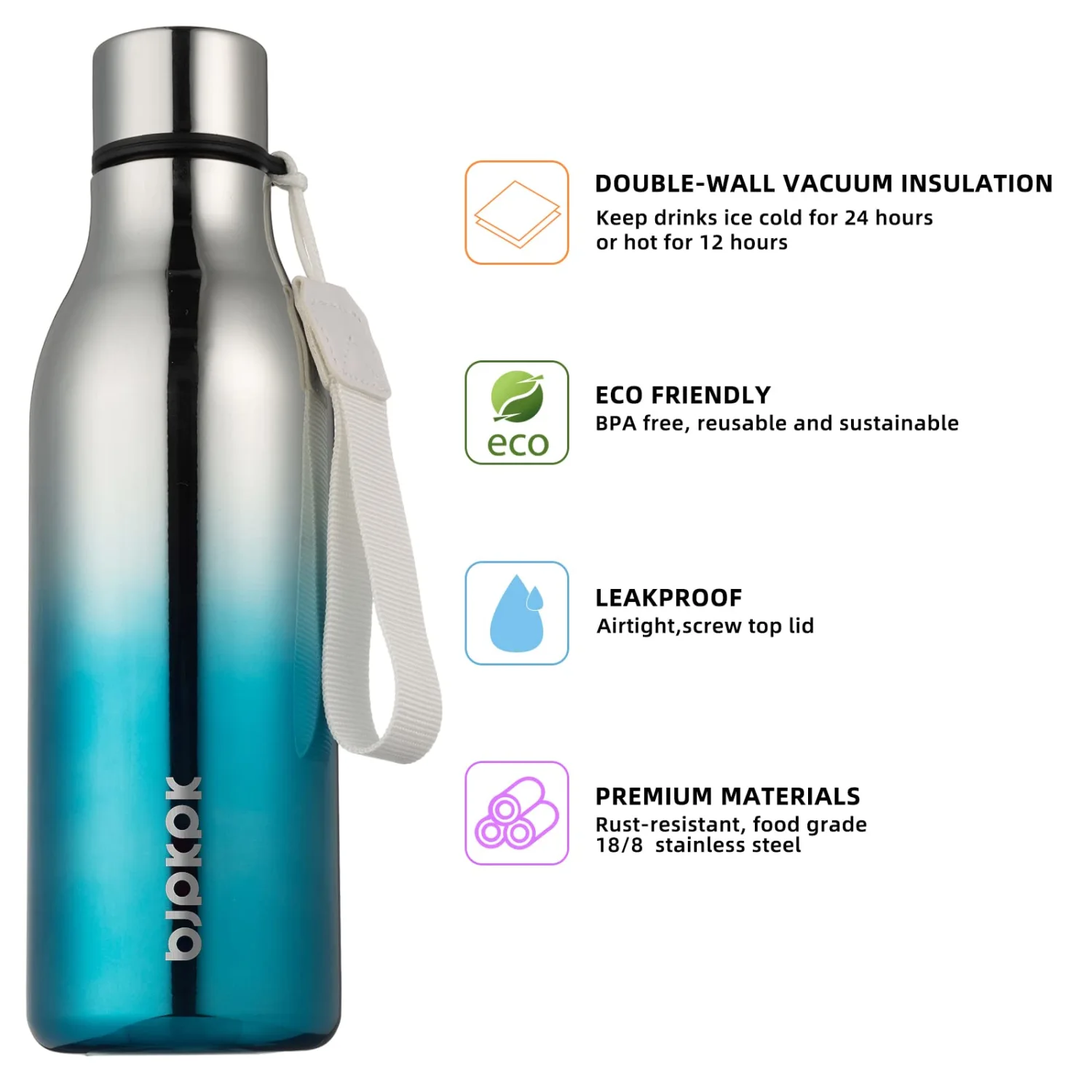 BJPKPK Insulated Water Bottles, 18 oz Stainless Steel Metal Water Bottle with Strap, BPA Free Leak Proof Thermos, Mugs, Flasks, Reusable Water Bottle for Sports & Travel, Blue Lagoon