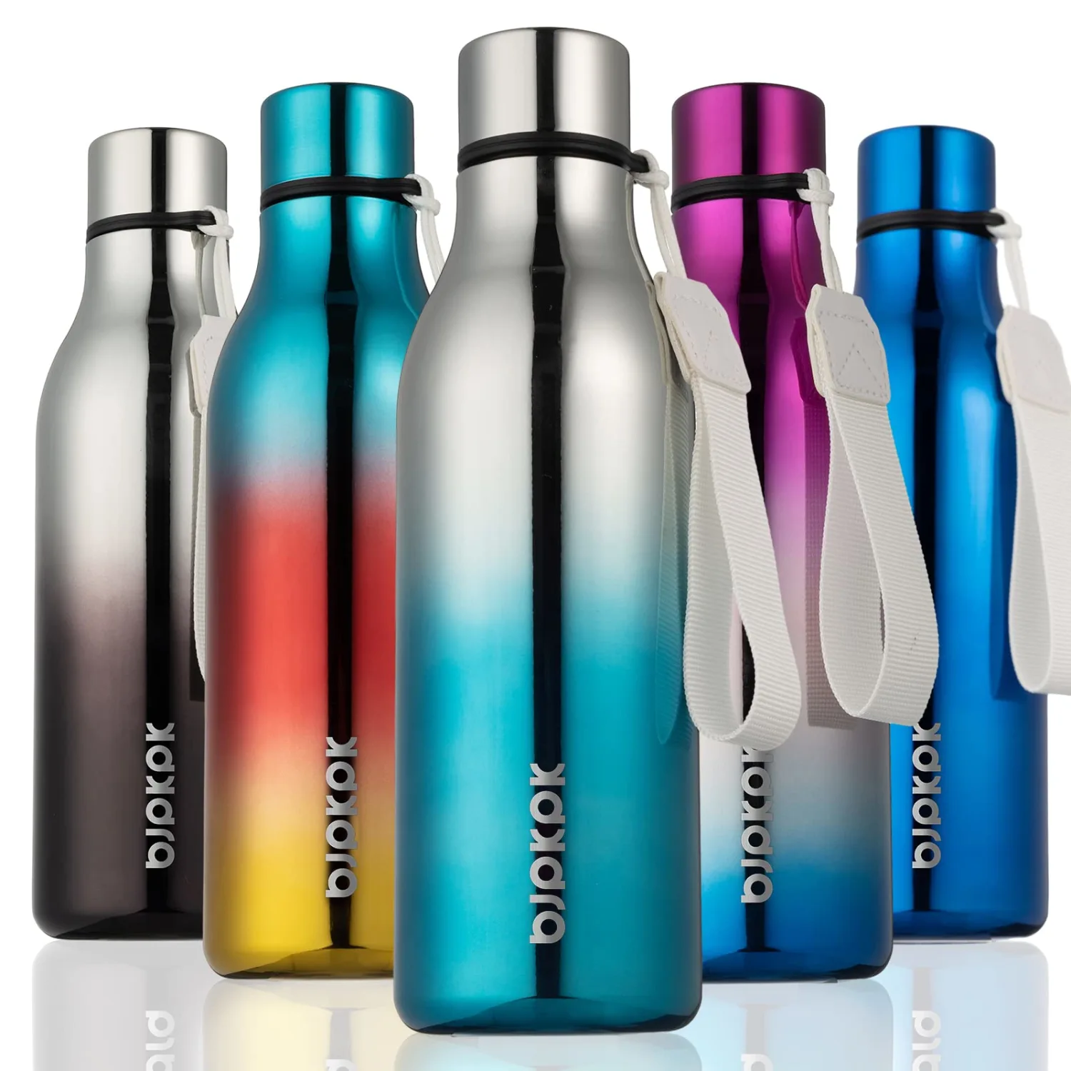 BJPKPK Insulated Water Bottles, 18 oz Stainless Steel Metal Water Bottle with Strap, BPA Free Leak Proof Thermos, Mugs, Flasks, Reusable Water Bottle for Sports & Travel, Blue Lagoon