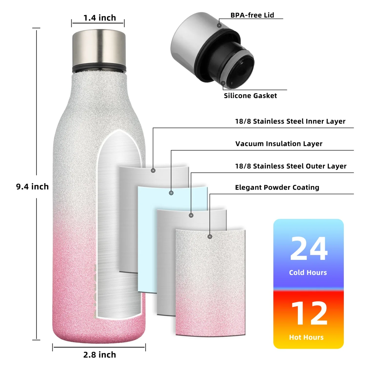 BJPKPK Insulated Water Bottles, 18 oz Stainless Steel Metal Water Bottle with Strap, BPA Free Leak Proof Thermos,Mugs,Flasks, Reusable Water Bottle for Sports & Travel,Sparkling Silver Pink