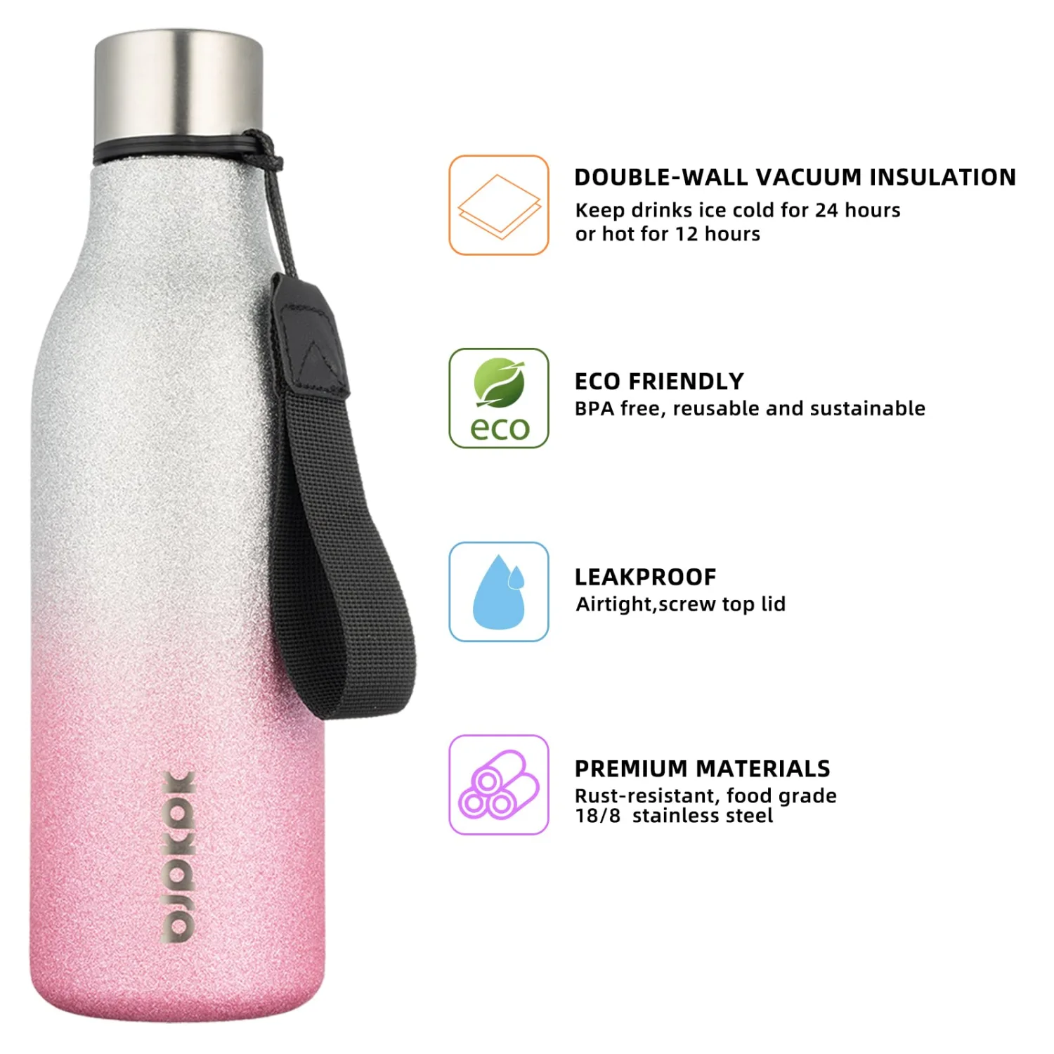 BJPKPK Insulated Water Bottles, 18 oz Stainless Steel Metal Water Bottle with Strap, BPA Free Leak Proof Thermos,Mugs,Flasks, Reusable Water Bottle for Sports & Travel,Sparkling Silver Pink