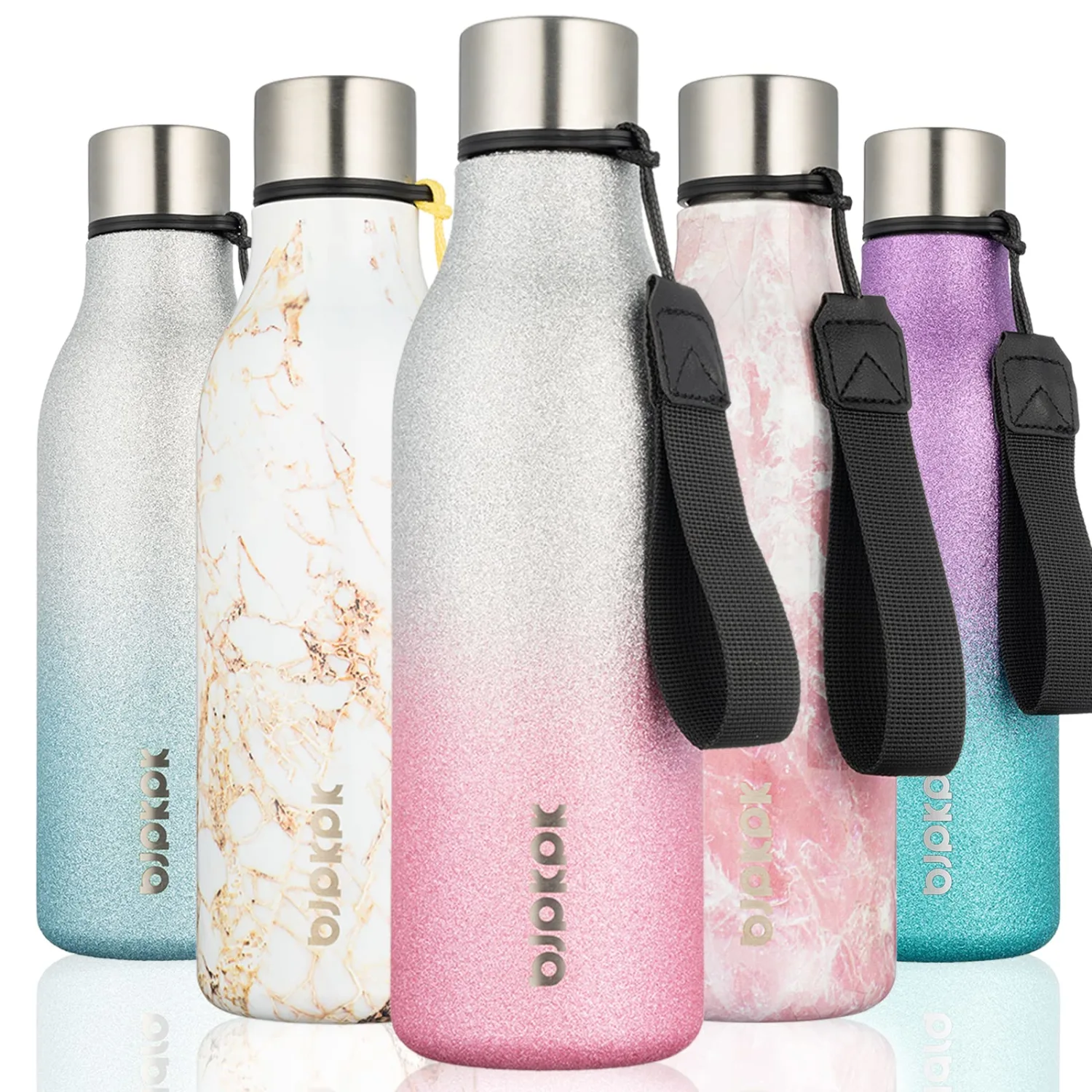 BJPKPK Insulated Water Bottles, 18 oz Stainless Steel Metal Water Bottle with Strap, BPA Free Leak Proof Thermos,Mugs,Flasks, Reusable Water Bottle for Sports & Travel,Sparkling Silver Pink